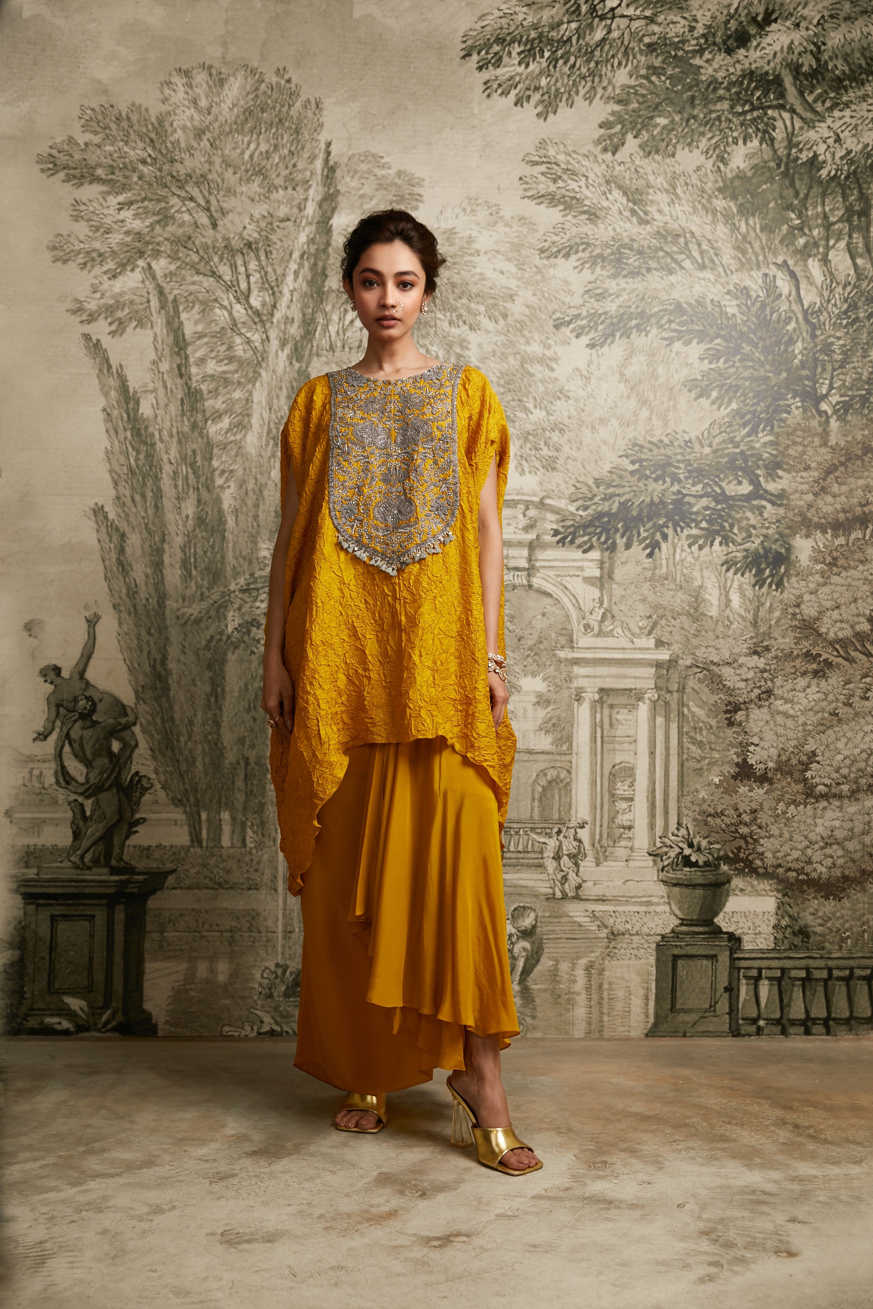 Mustard Antique Crushed Kaftan - Mokshaa