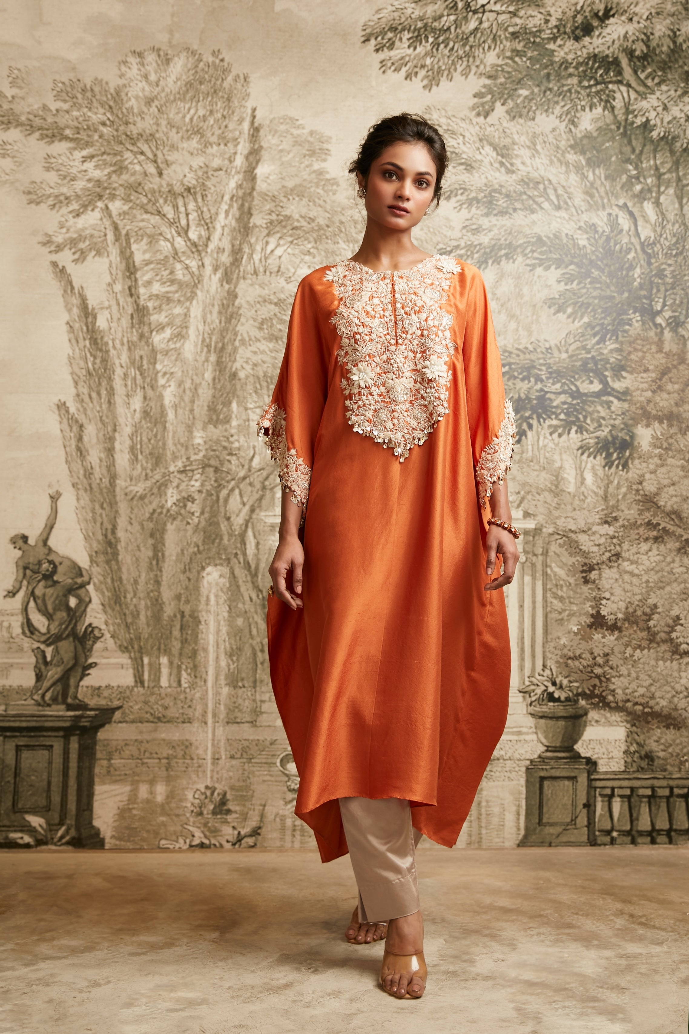 Rust 3D Flower Lampi Kaftan - Mokshaa