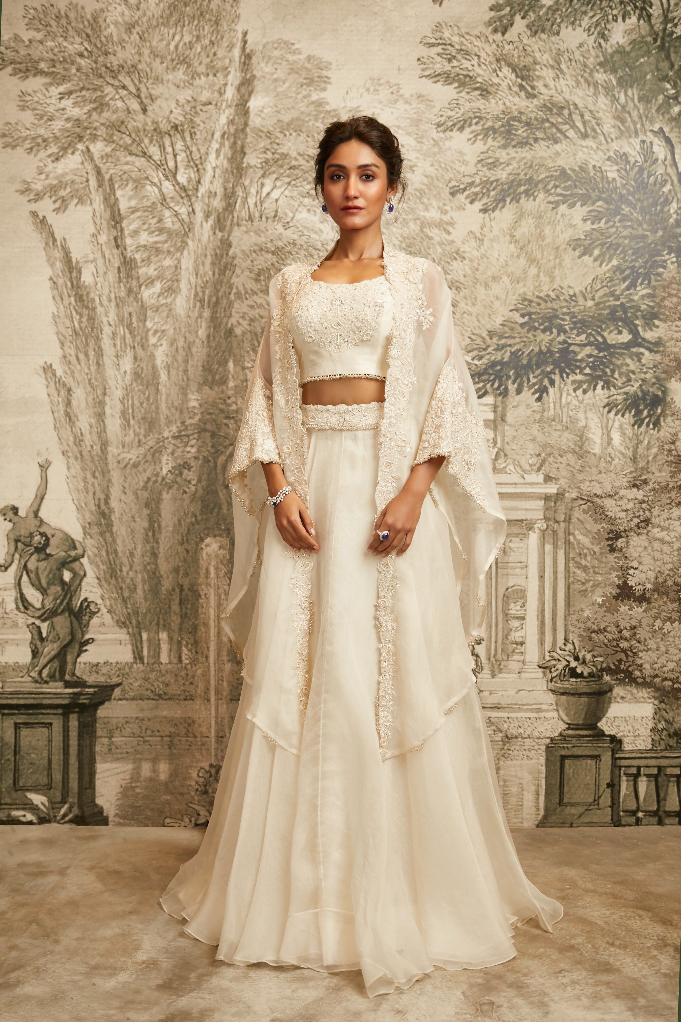 Ivory Self On Self Skirt Set - Mokshaa