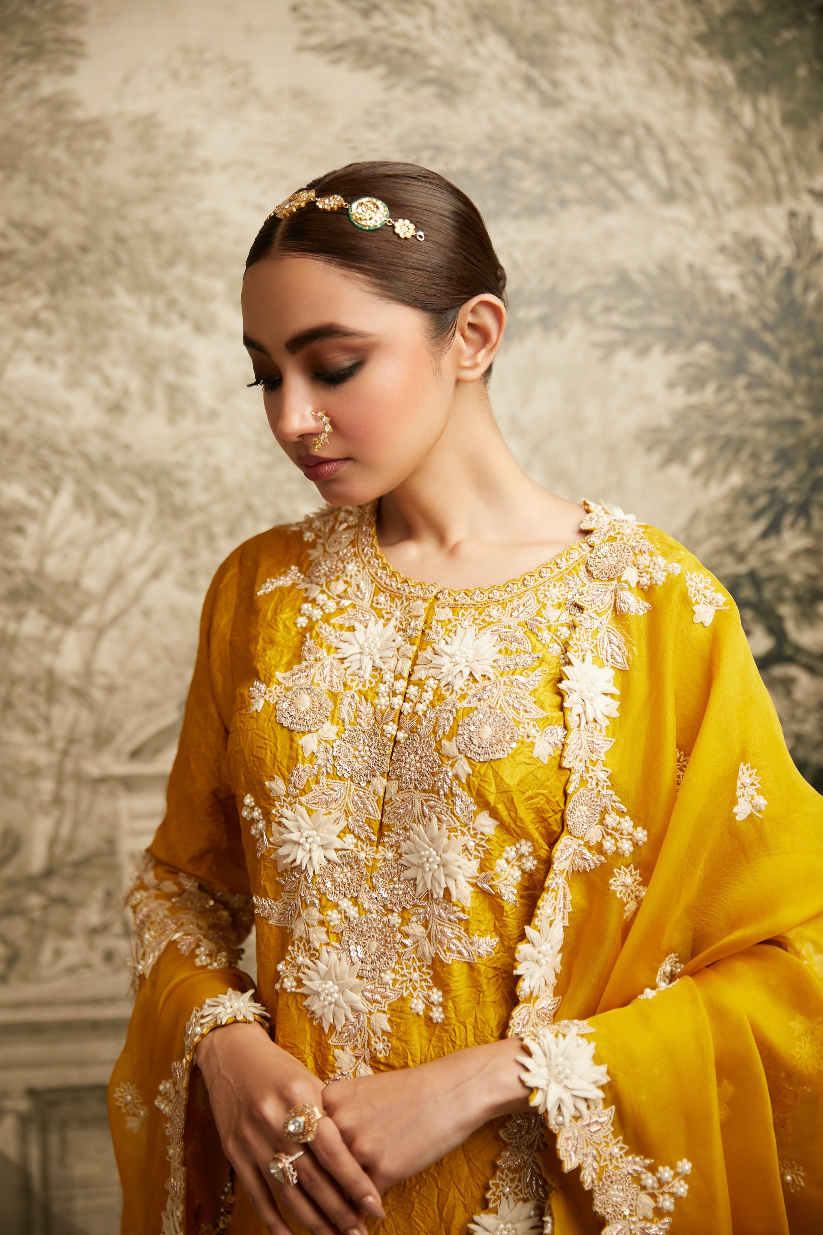 Mustard 3D Flower Lampi Short Suit - Mokshaa