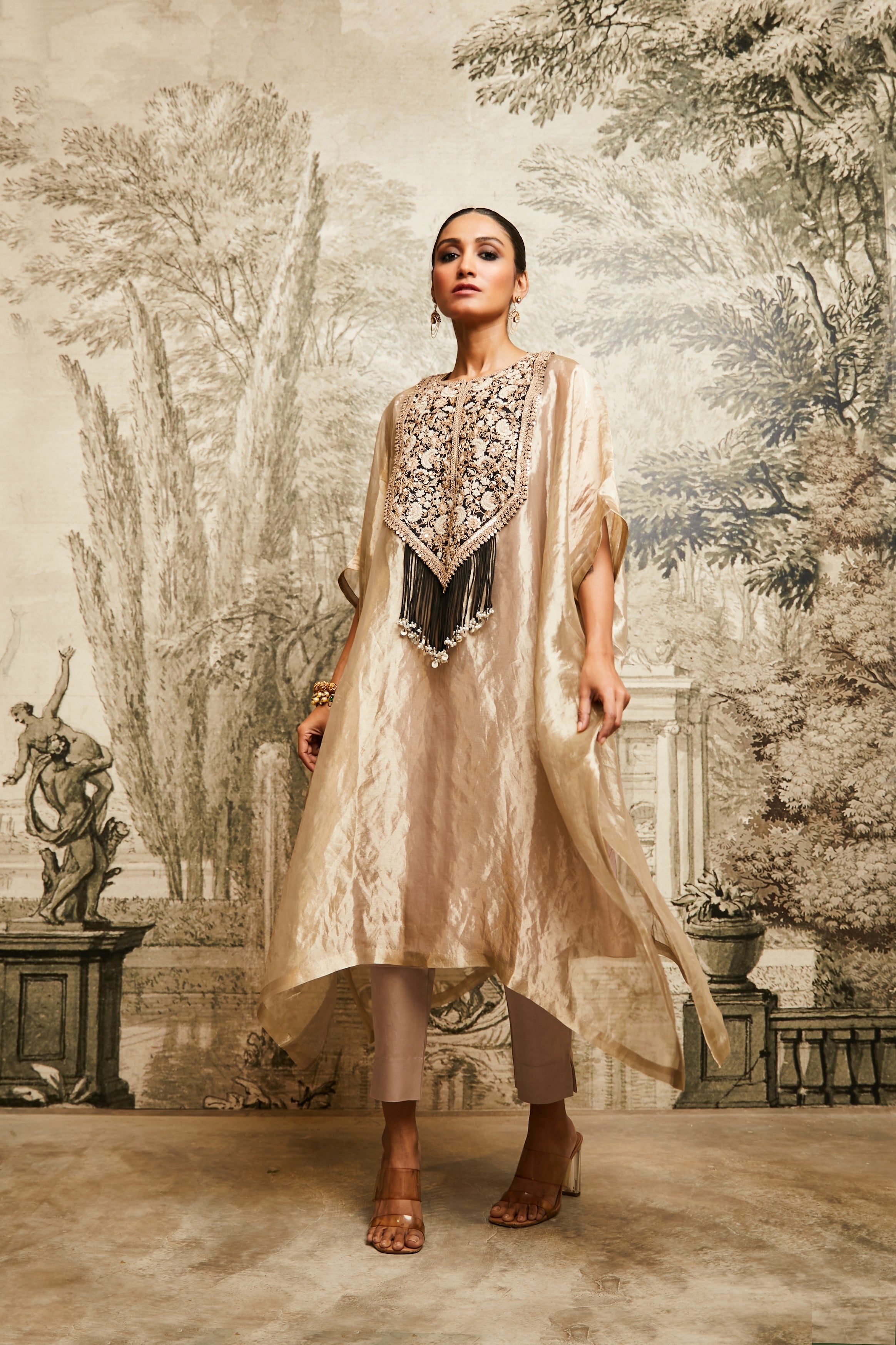 Champagne Dori Resham Tissue Kaftan - Mokshaa