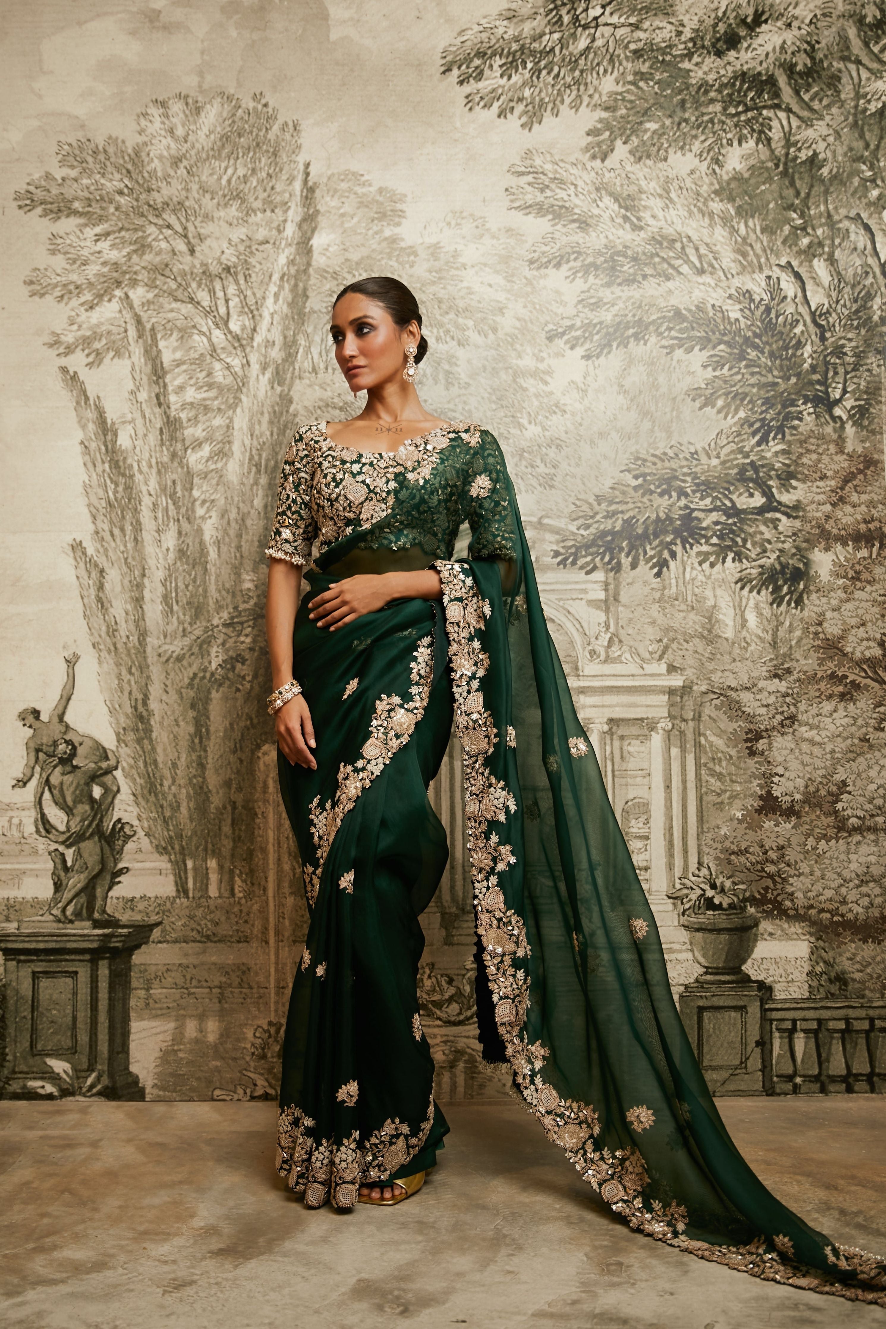 Bottle Green Organza Saree  Mokshaa