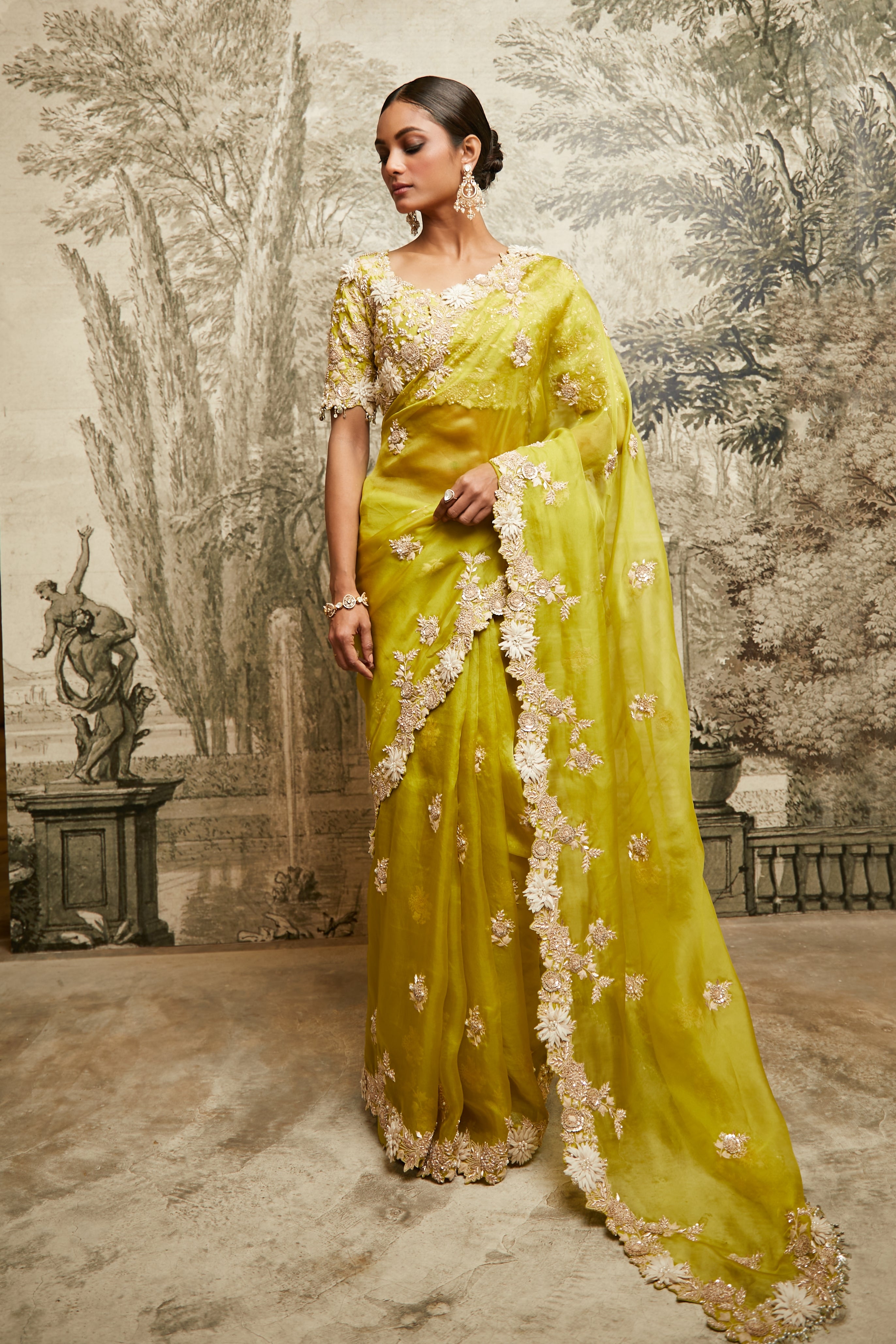 Lime Green Organza Saree  Mokshaa