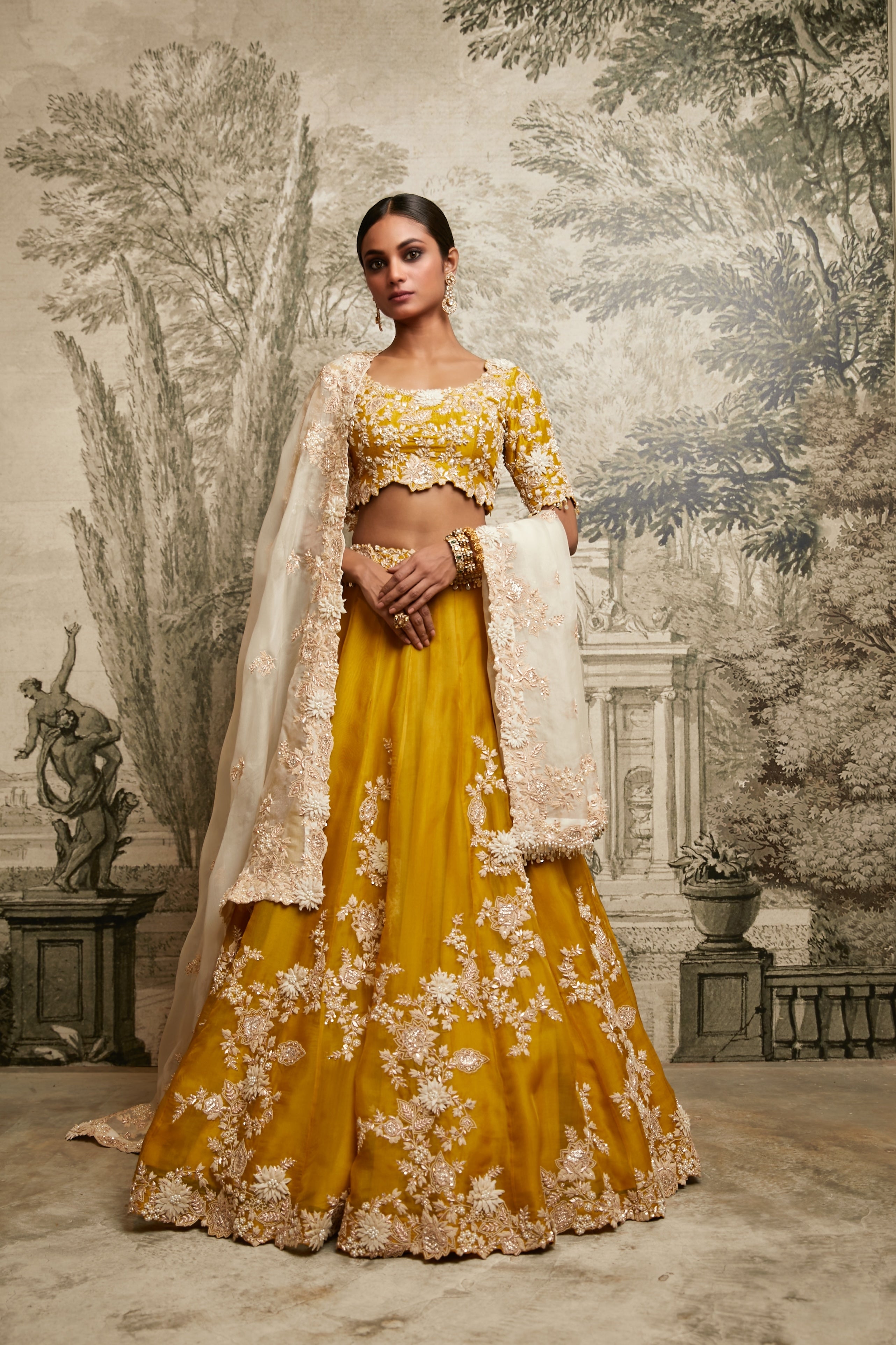 Mustard 3D Flower Lehenga Set - Mokshaa