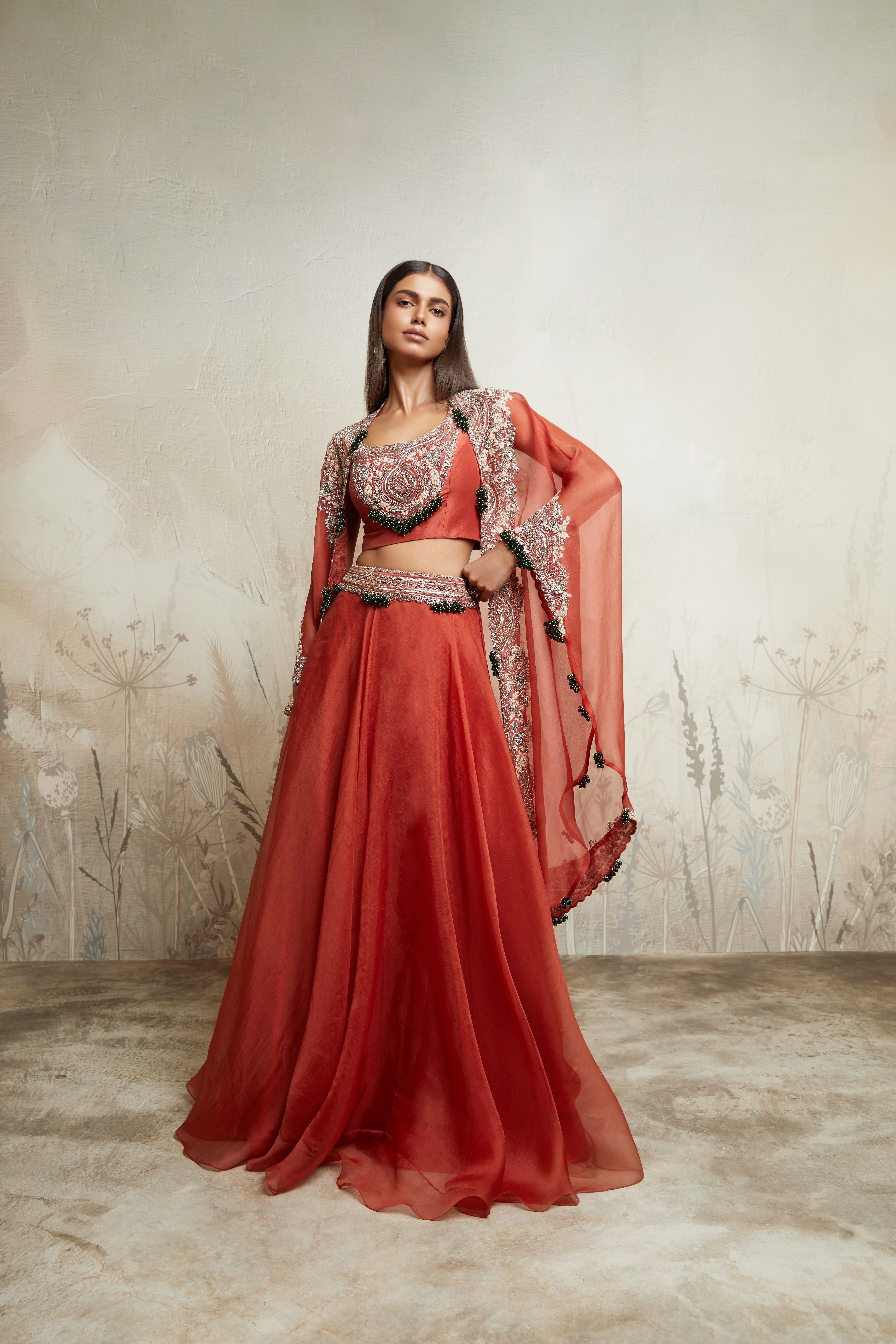 Deep Orange Blouse with Skirt and Cape  Mokshaa