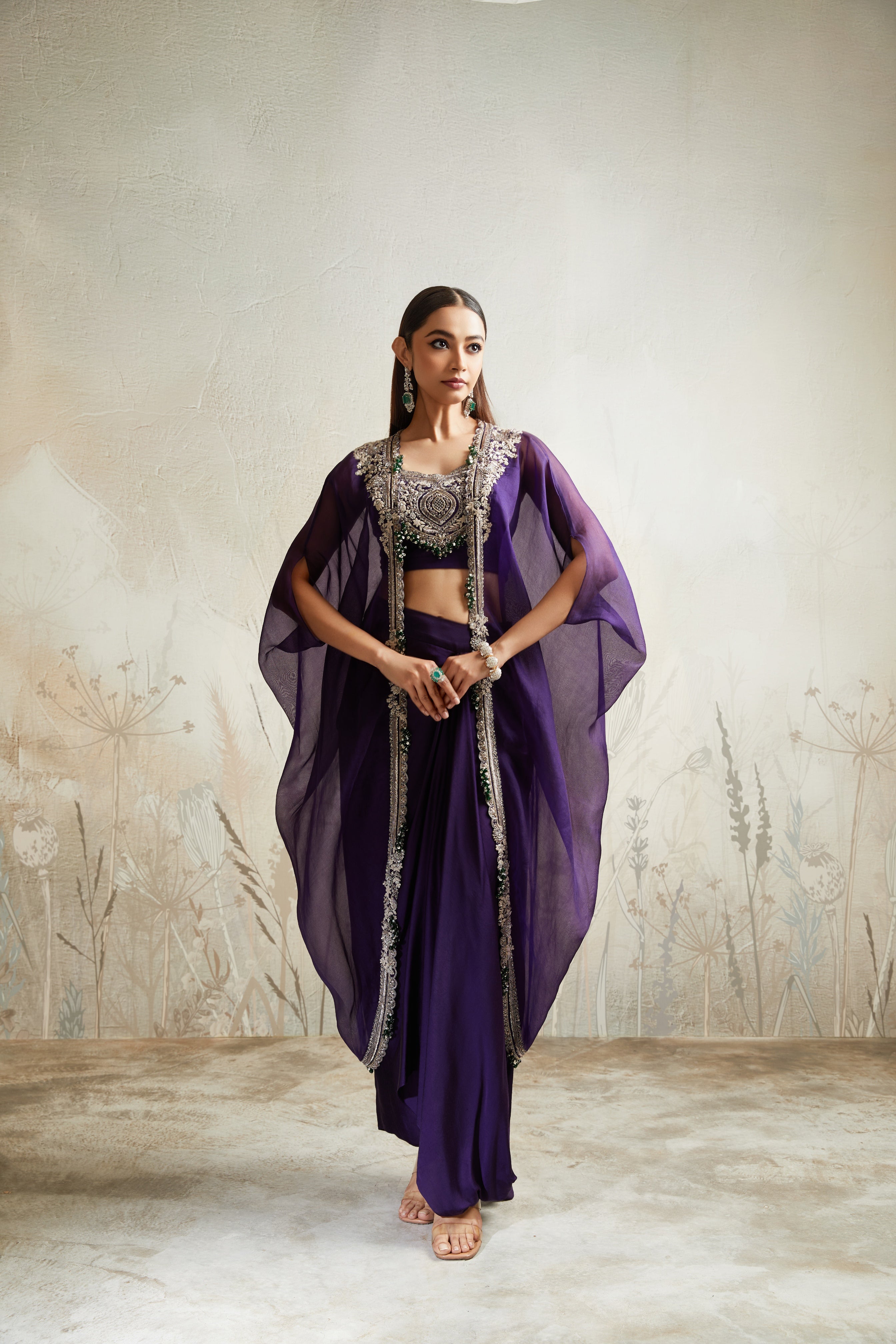 Dark Purple Blouse with Skirt and Cape  Mokshaa