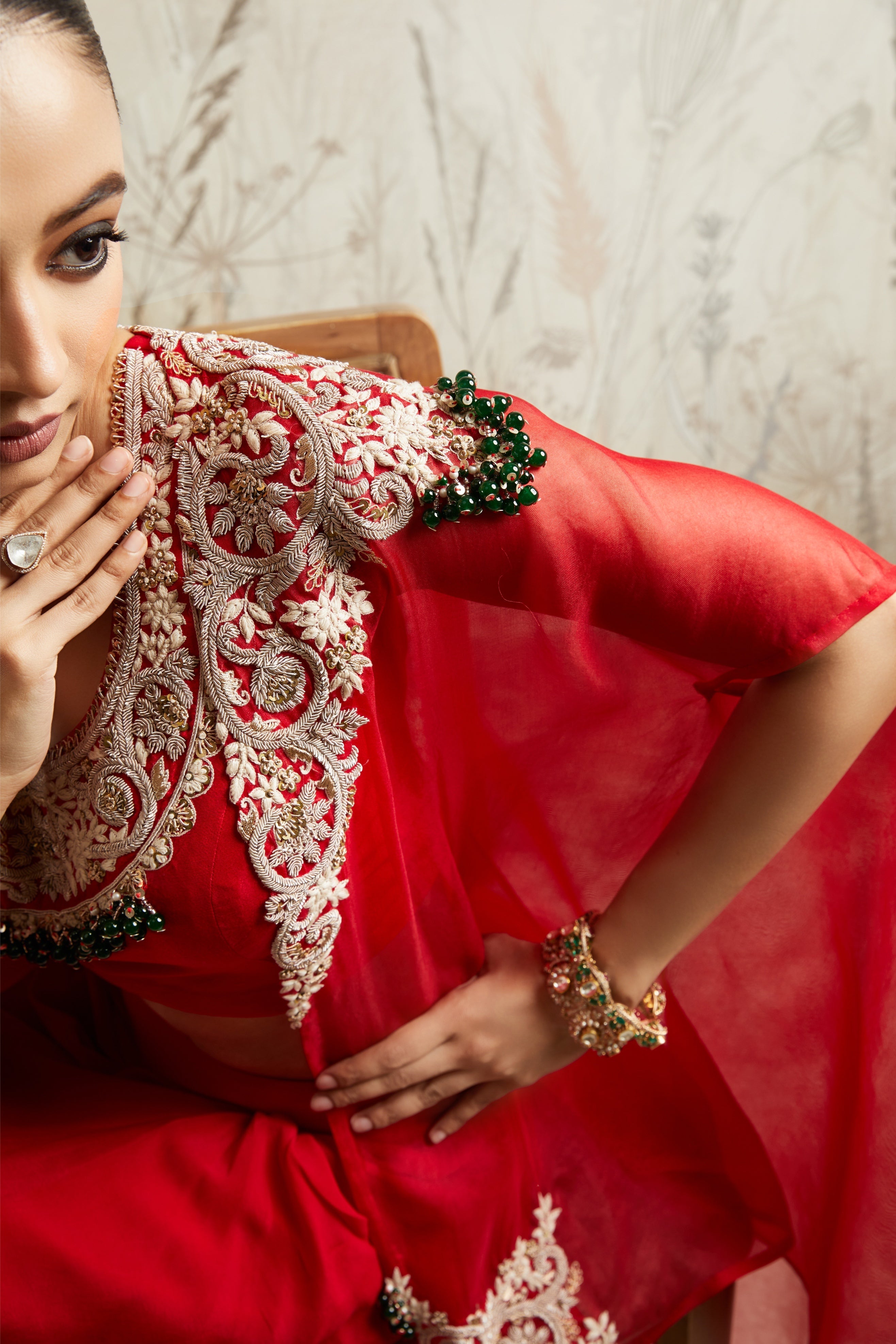 Red Blouse with Skirt and Cape  Mokshaa