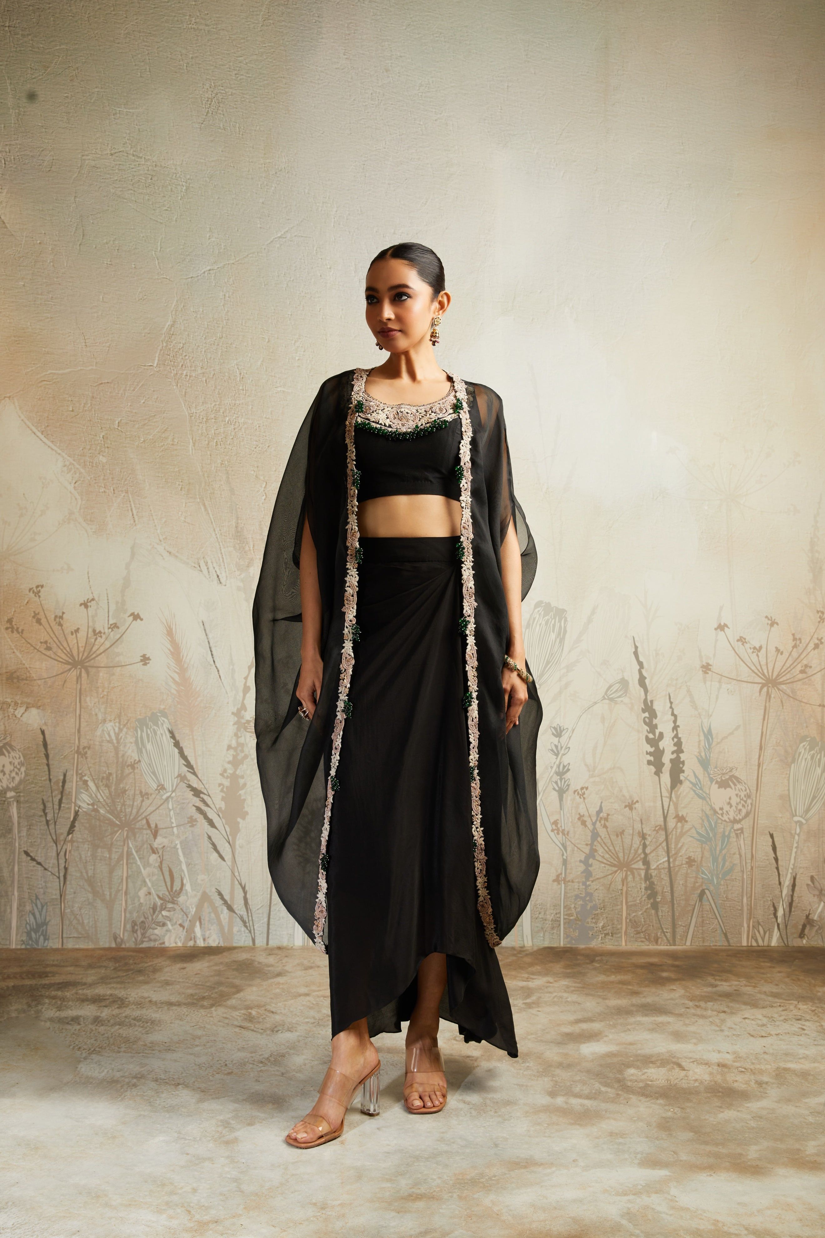 Black Blouse with Skirt and Cape  Mokshaa