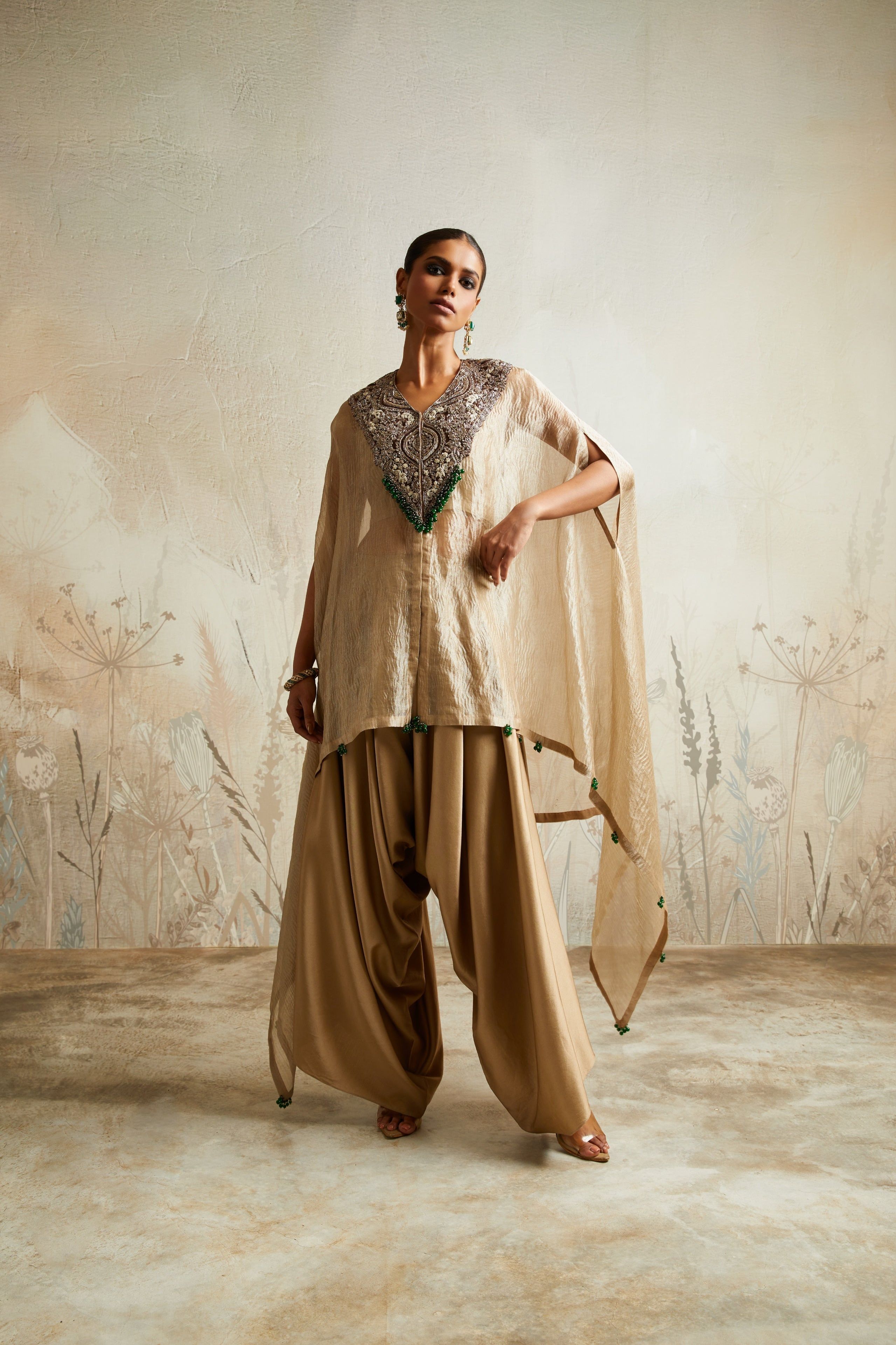 Champagne Kaftan with Bustier and Asymmetric Pants  Mokshaa