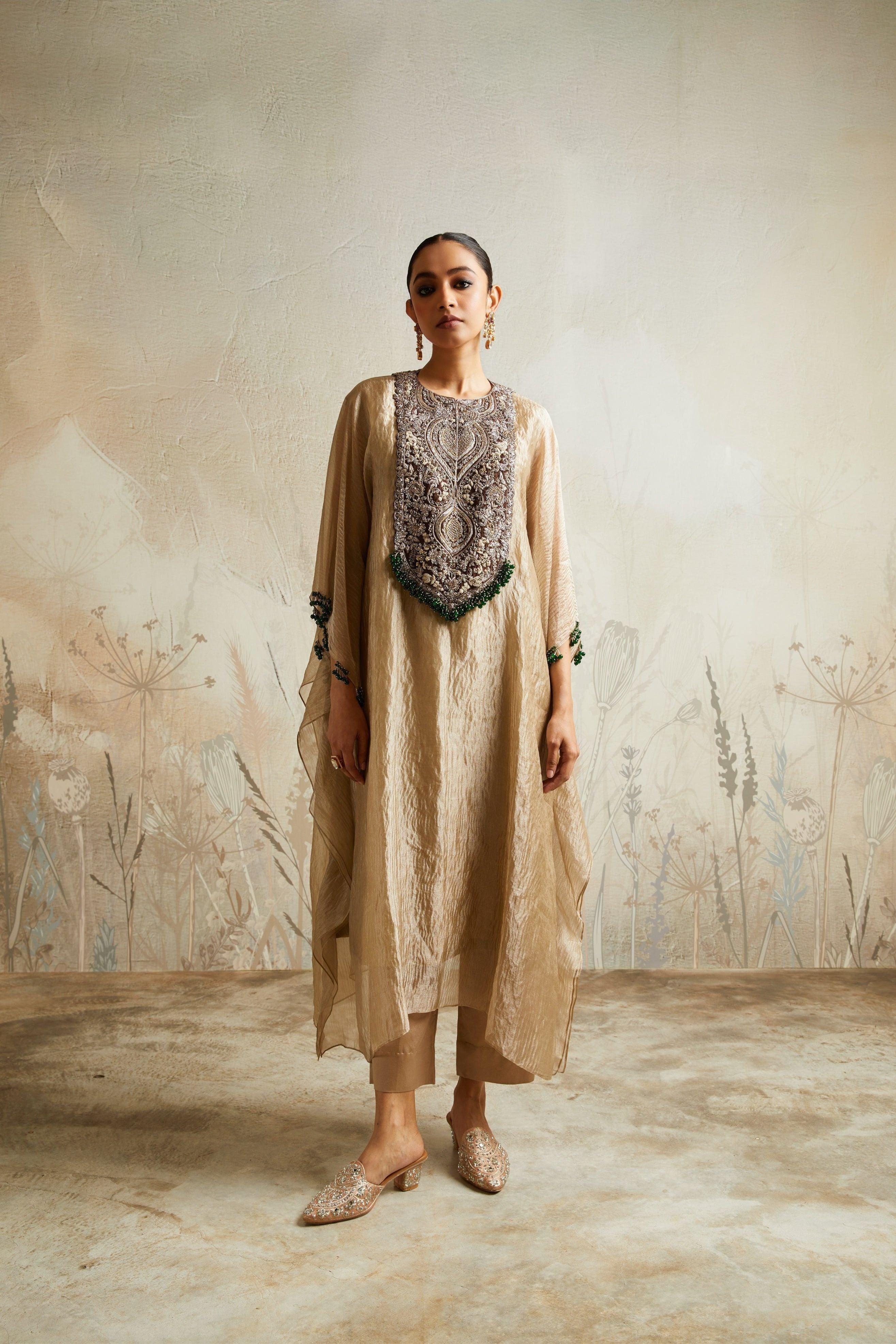champagne kaftan dress Kaftan Dress - Wedding Guest & High-End Resort - Crystal Beadwork 3/4 Bell Sleeves - Premium Crinkled Metallic Shimmer - US 0-2