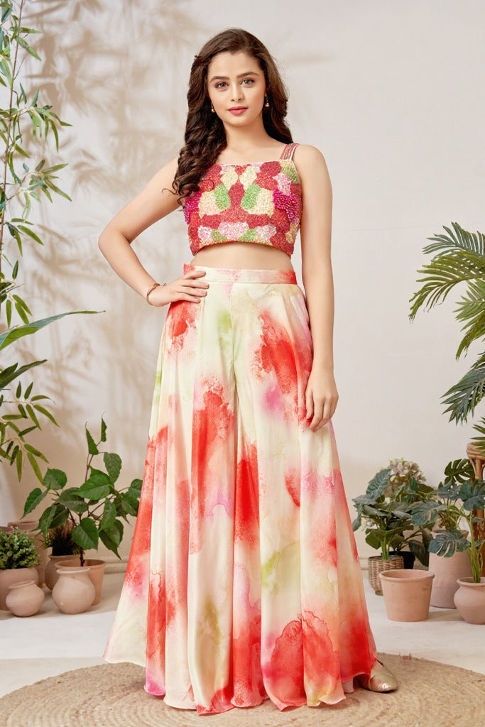 Multicolor Sequin Crop Top with Watercolor Palazzo Set