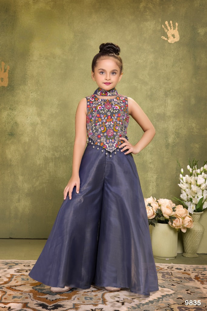 Grey Embroidered Crop Top with Palazzo Pants