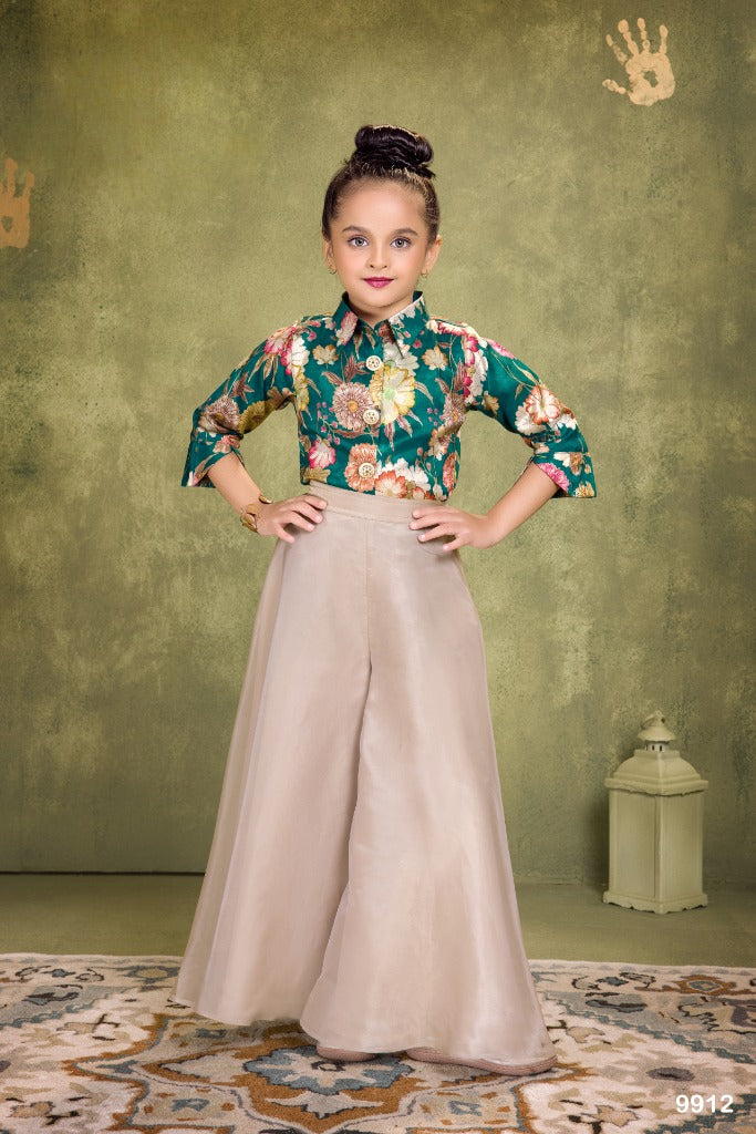 Emerald Green Floral Crop Top with Beige Palazzo