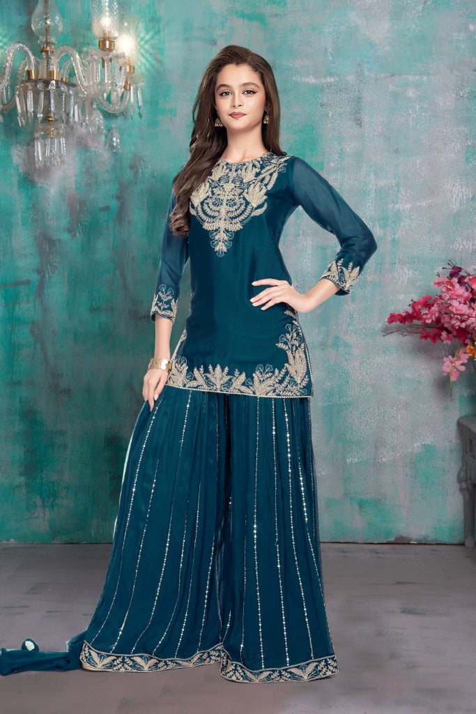 Royal Blue Embroidered Kurta with Palazzo Set