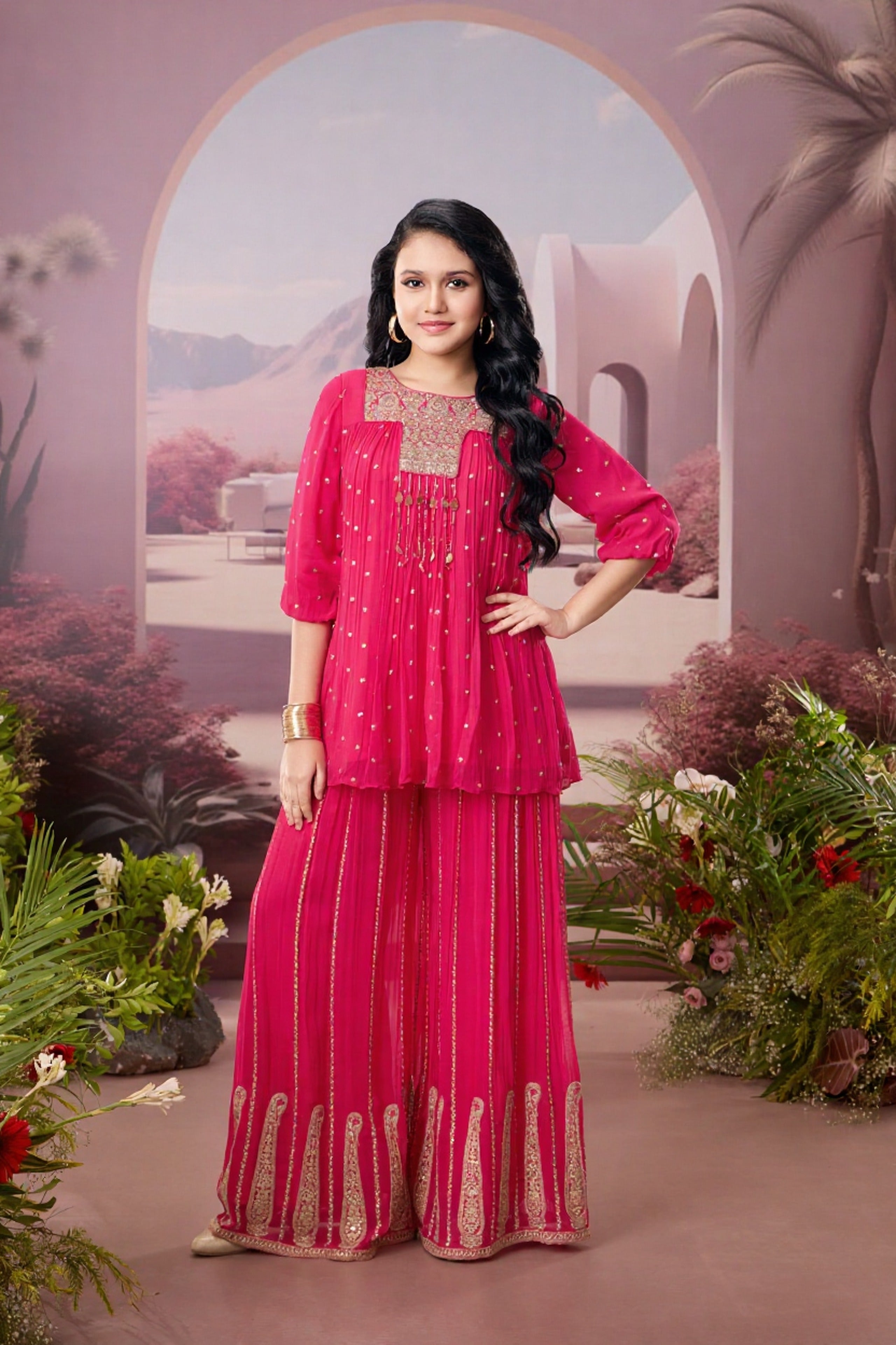 Fuchsia Georgette Sharara Suit with Gota & Sequin Work