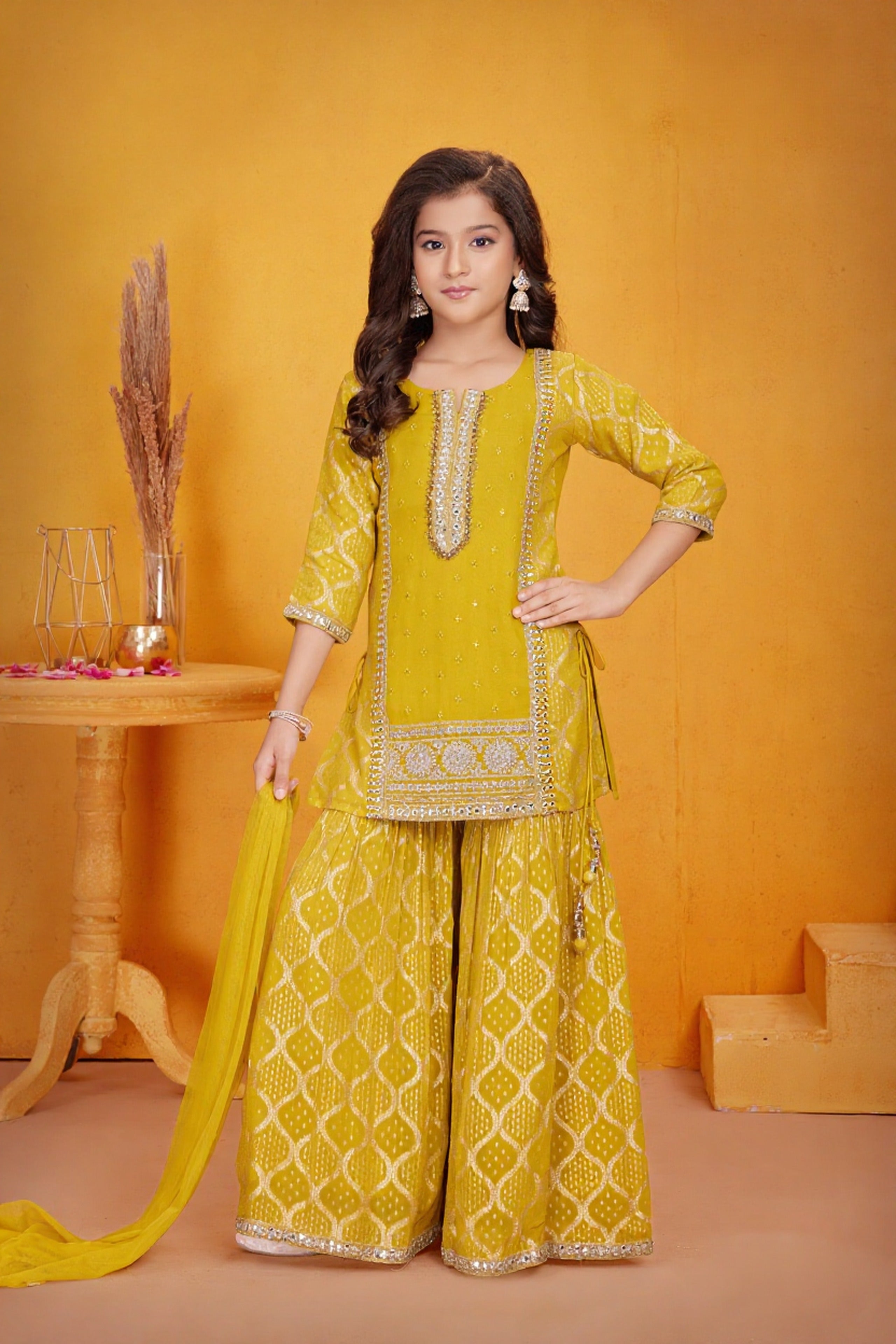 Mustard Bandhej Kurti Sharara Set