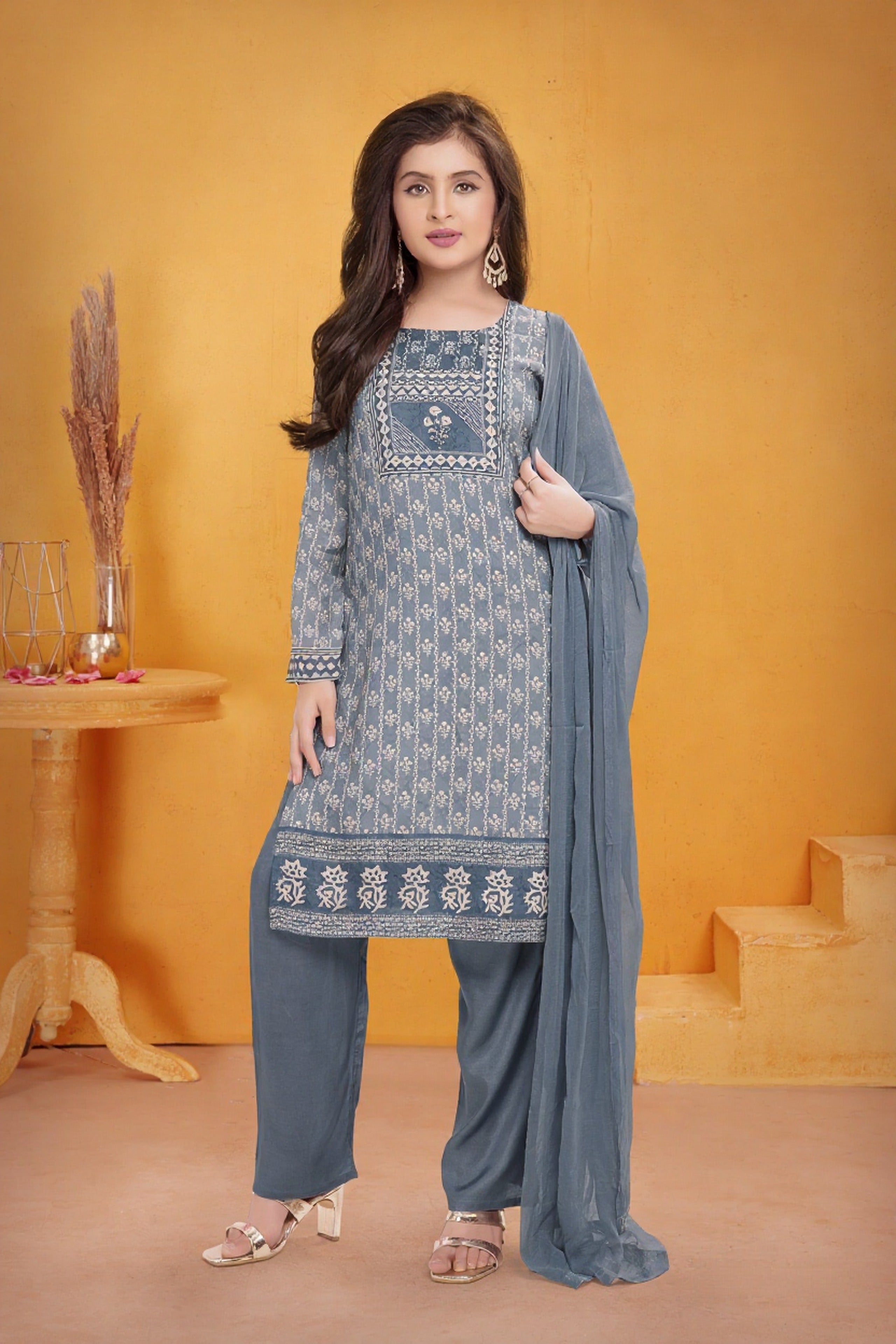 Steel Blue Printed Kurti Pant Set