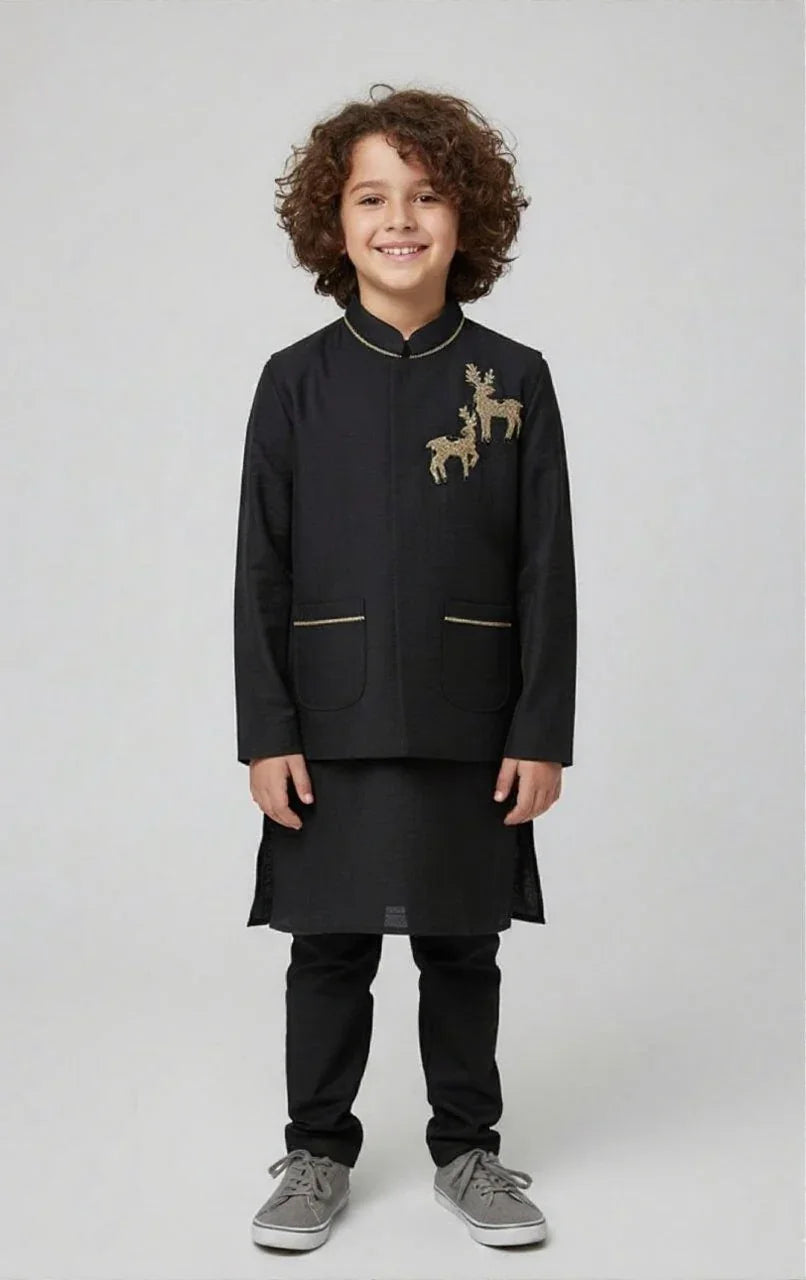 Black Embroidered Nehru Jacket Kurta Set | Mokshaa