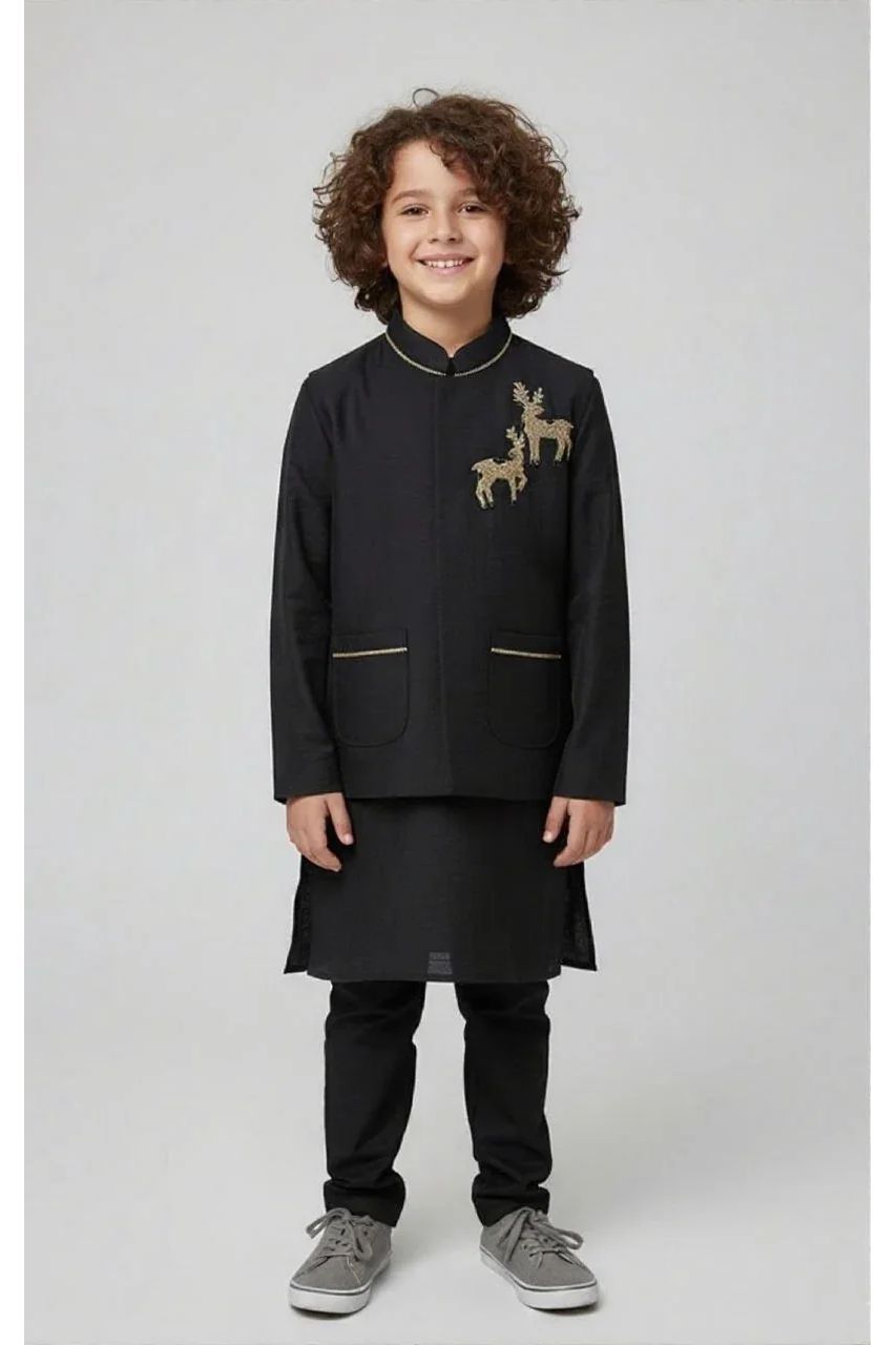 Black Embroidered Nehru Jacket Kurta Set - Mokshaa