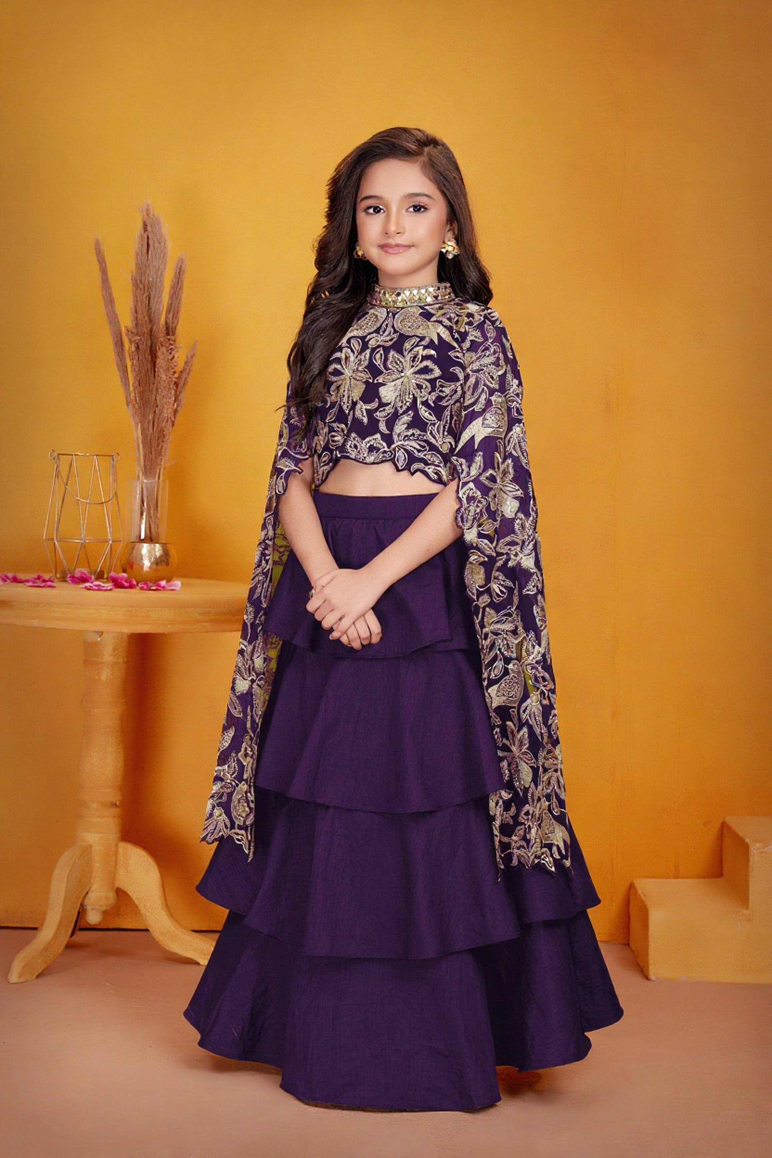 Midnight Purple Embroidered Cape Lehenga Set For Girls