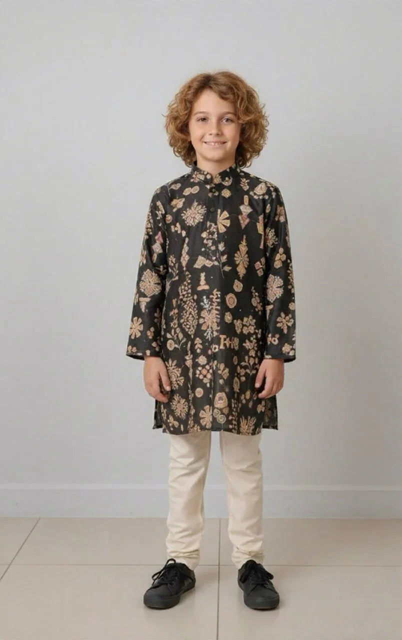 Black Floral Printed Kurta Set for Boys | Mokshaa