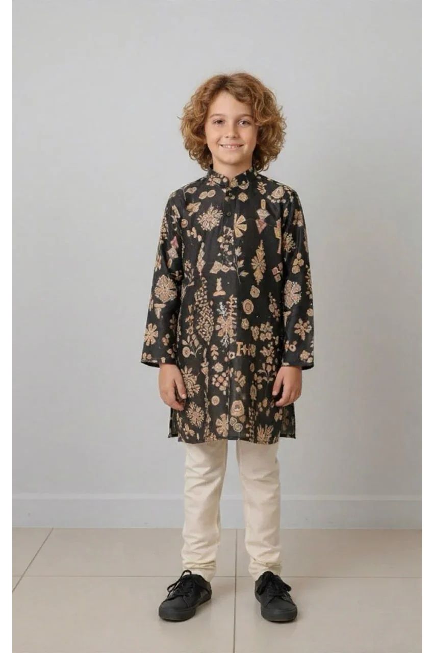 Black Floral Printed Kurta Set for Boys - Mokshaa