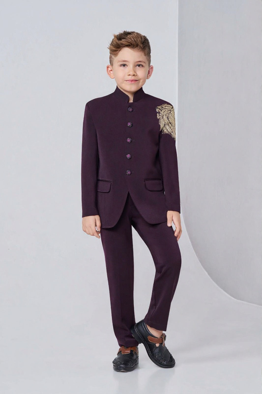 Wine Jodhpuri Suit with Gold Shoulder Embellishment