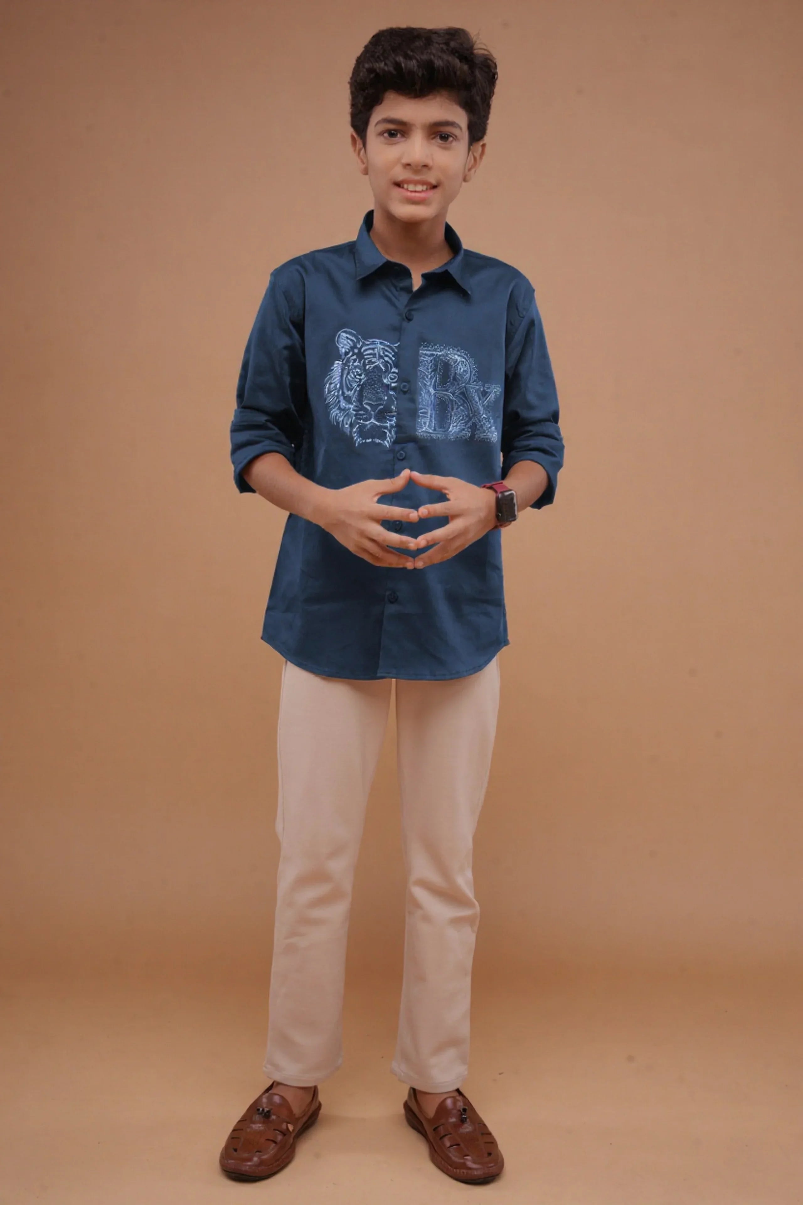 Teal Blue Printed Boys Shirt