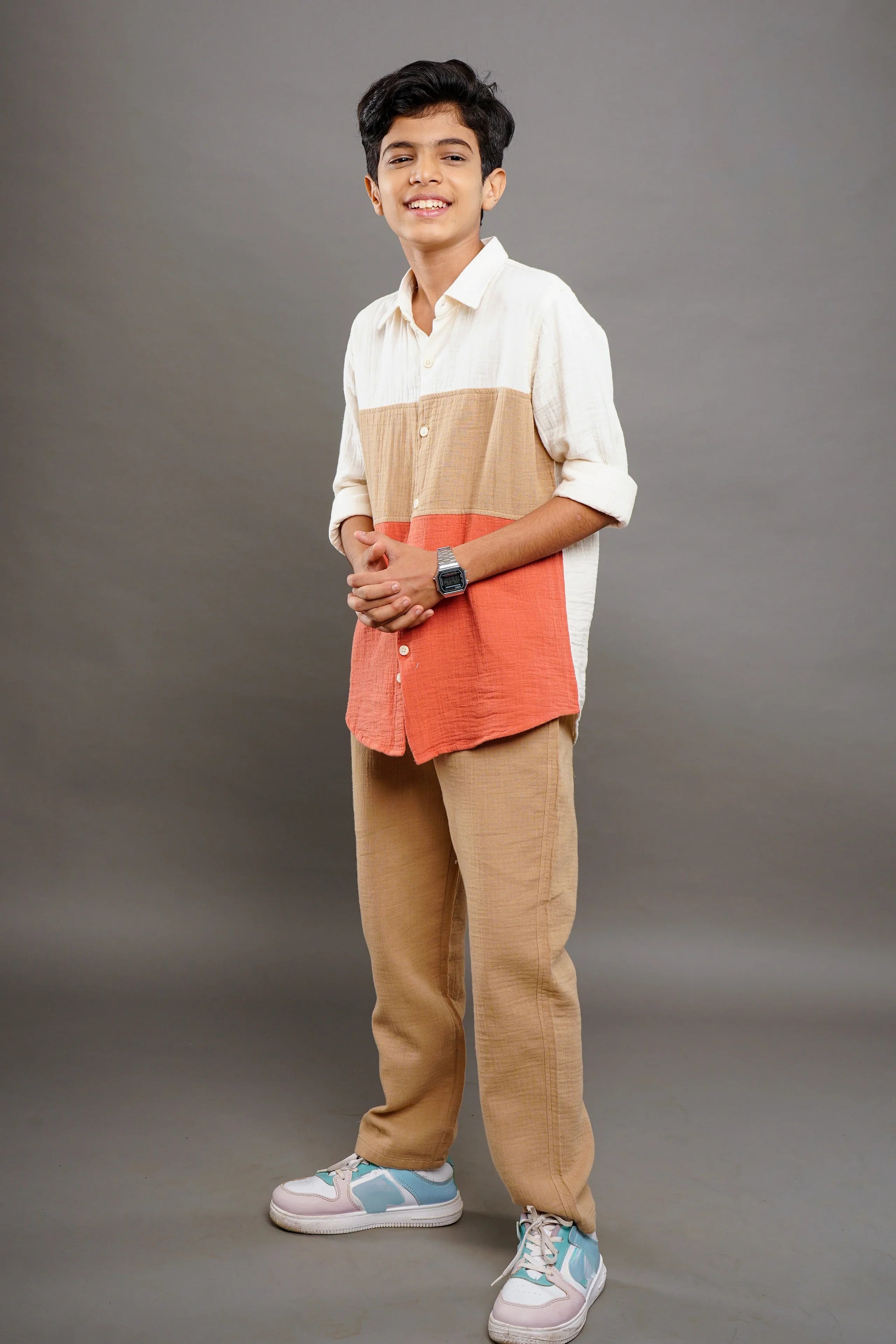 Ivory & Rust Colorblock Cotton Boys Shirt