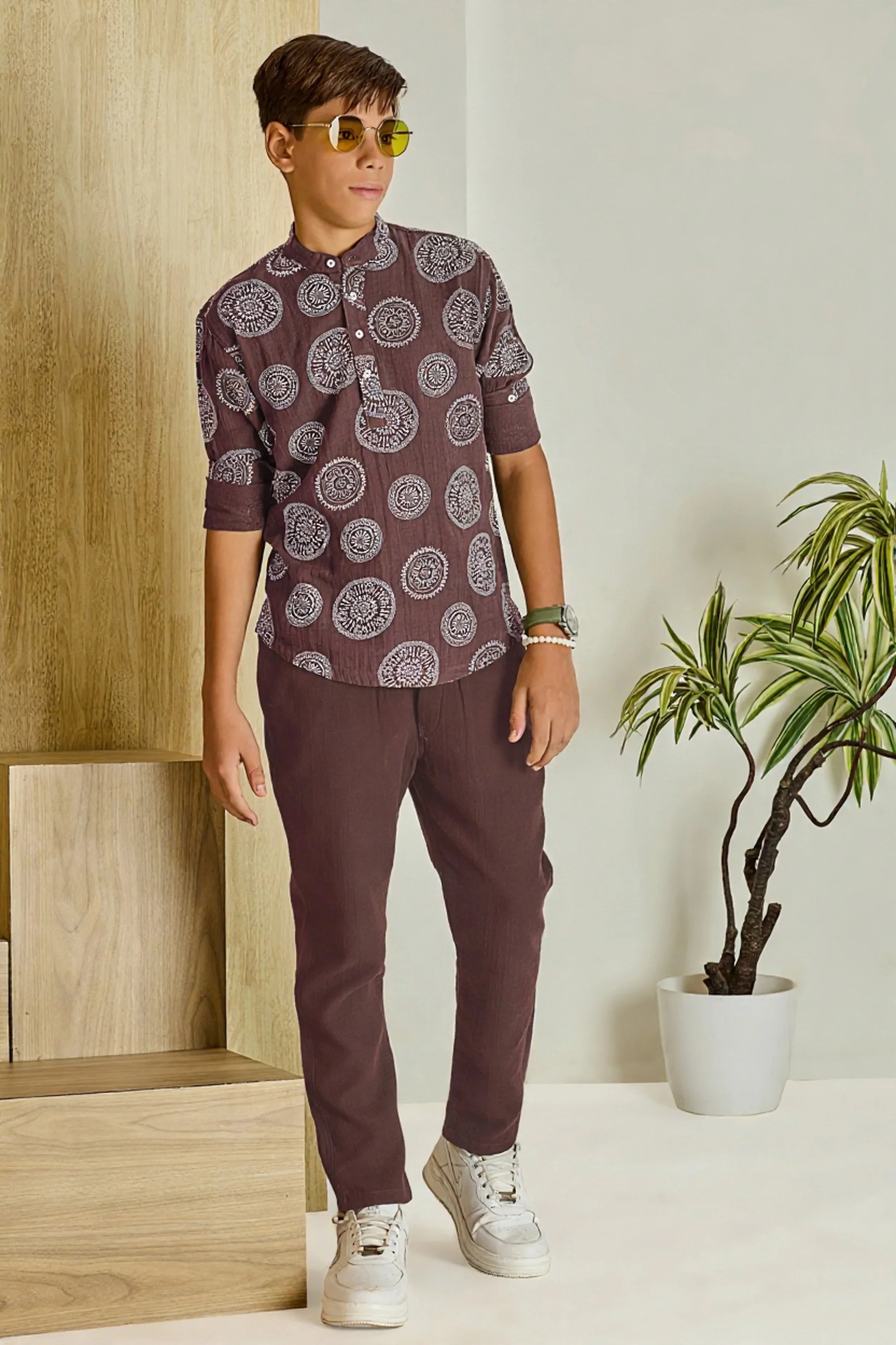 Brown Printed Cotton Boys Shirt