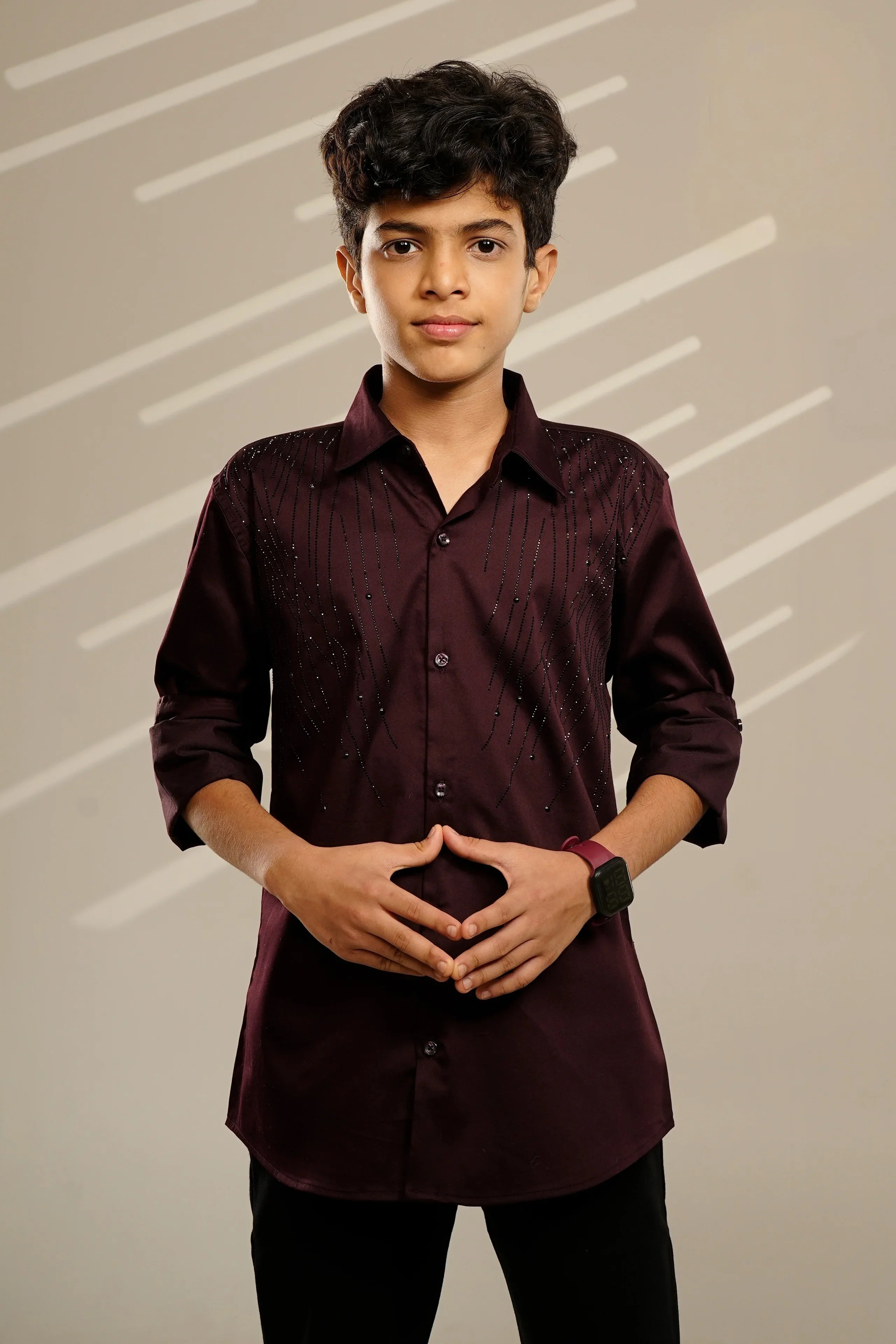 Wine Embellished Party Wear Boys Shirt