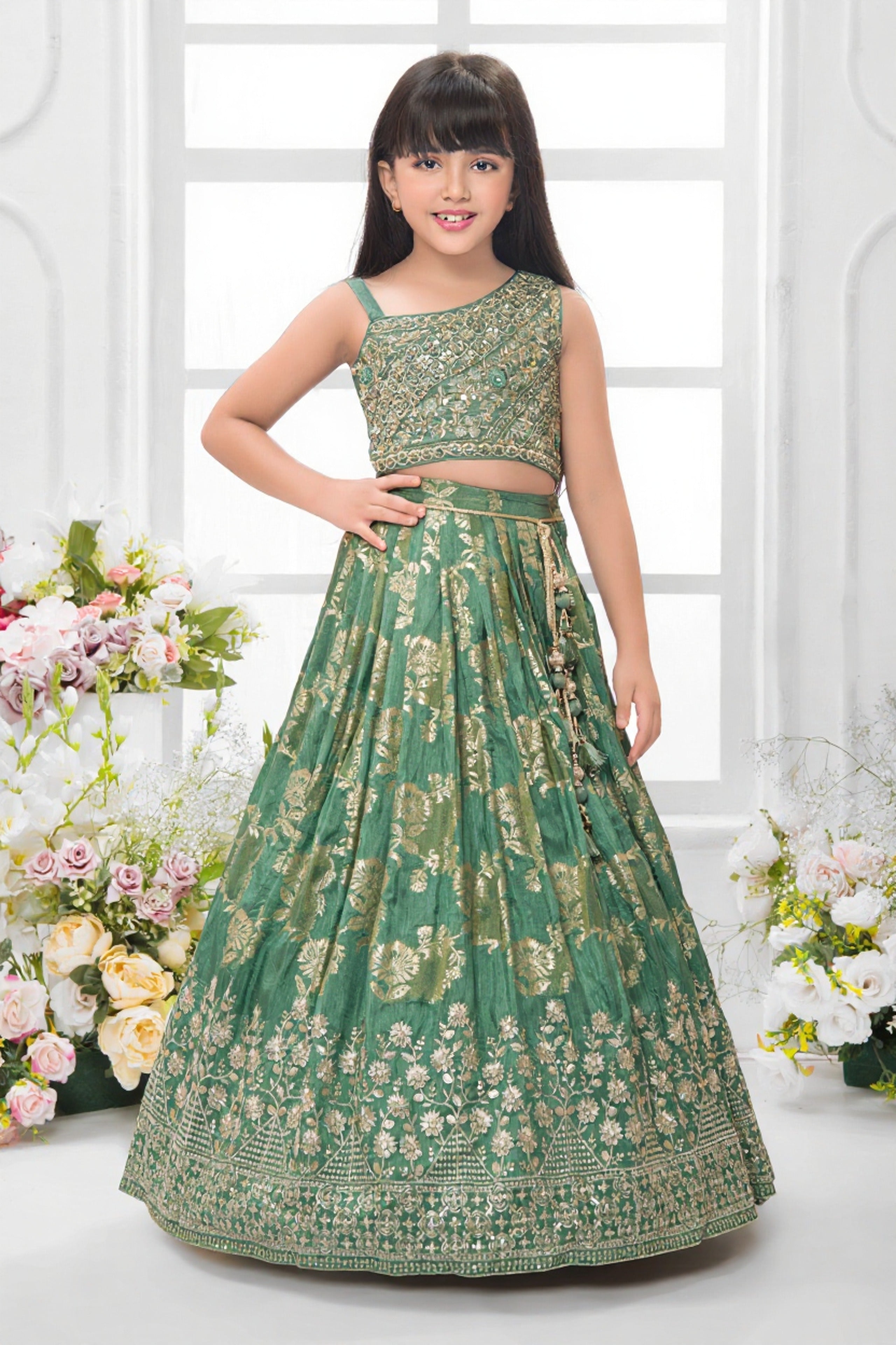 Emerald Green Banarasi Lehenga Set for Girls