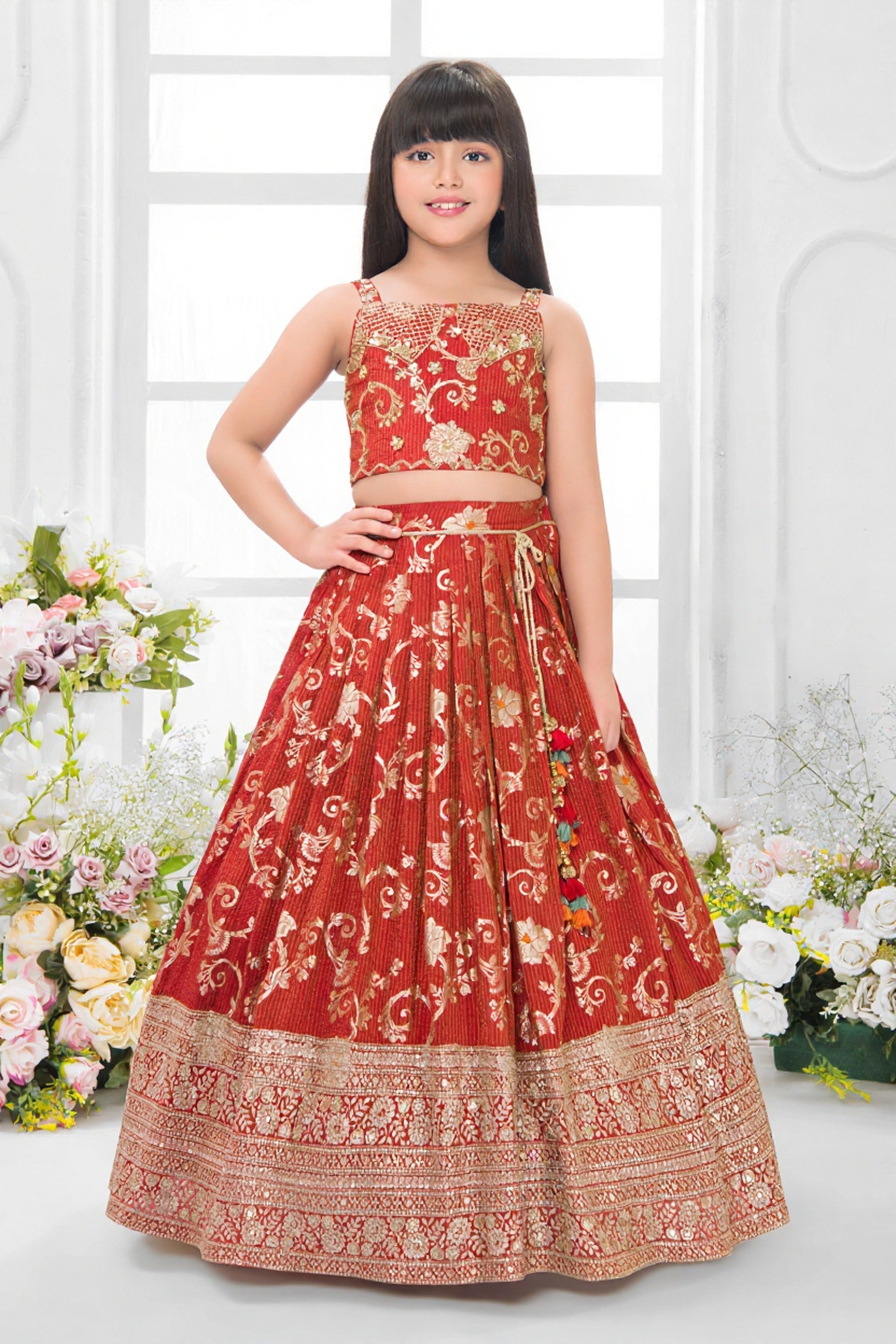Rust Banarasi Lehenga Set for Girls
