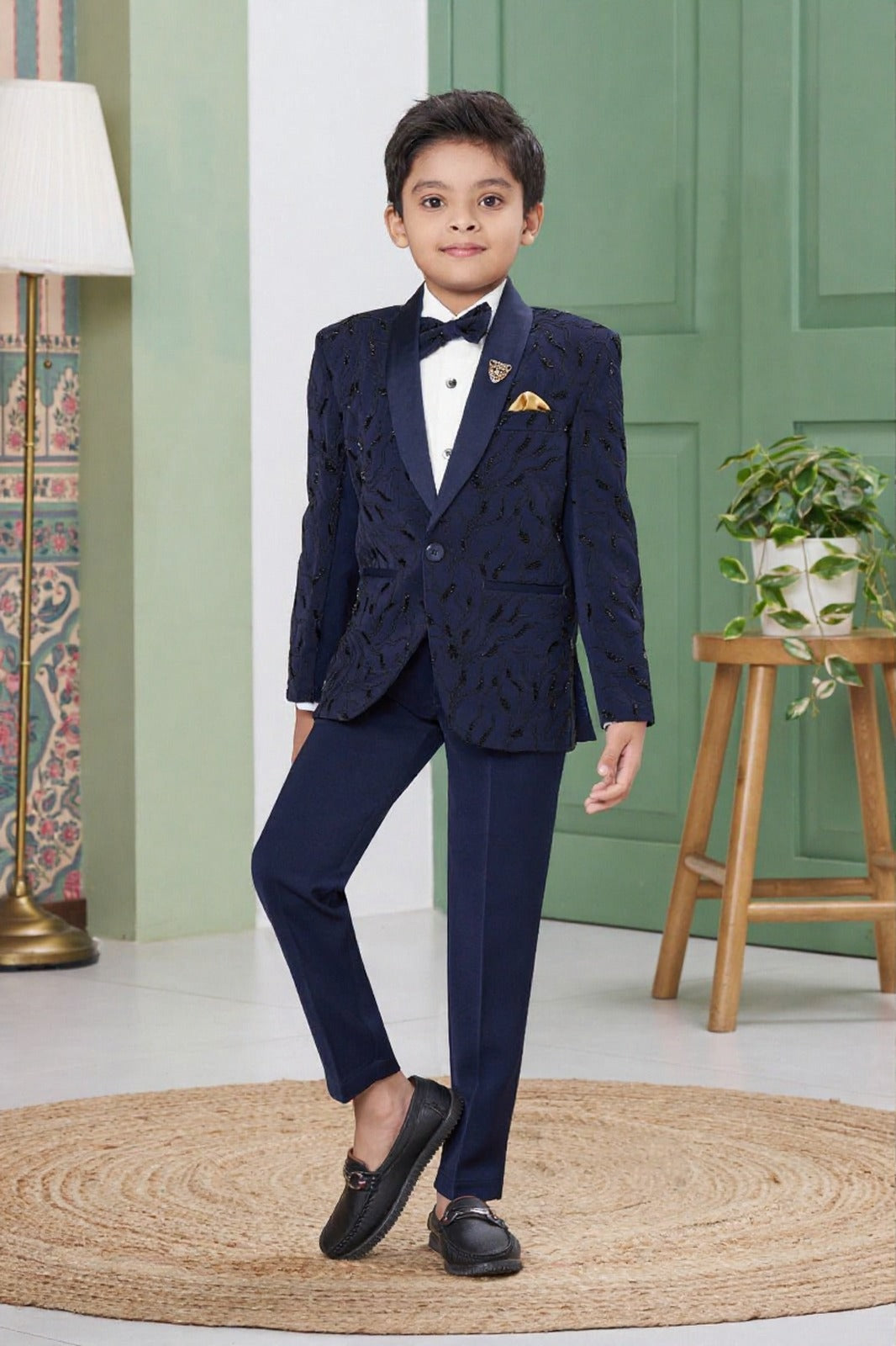 Boys' Premium Navy Blue Textured Tuxedo Suit Set