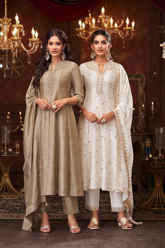 Ivory Silk Short Anarkali Set with Gold Embroidery