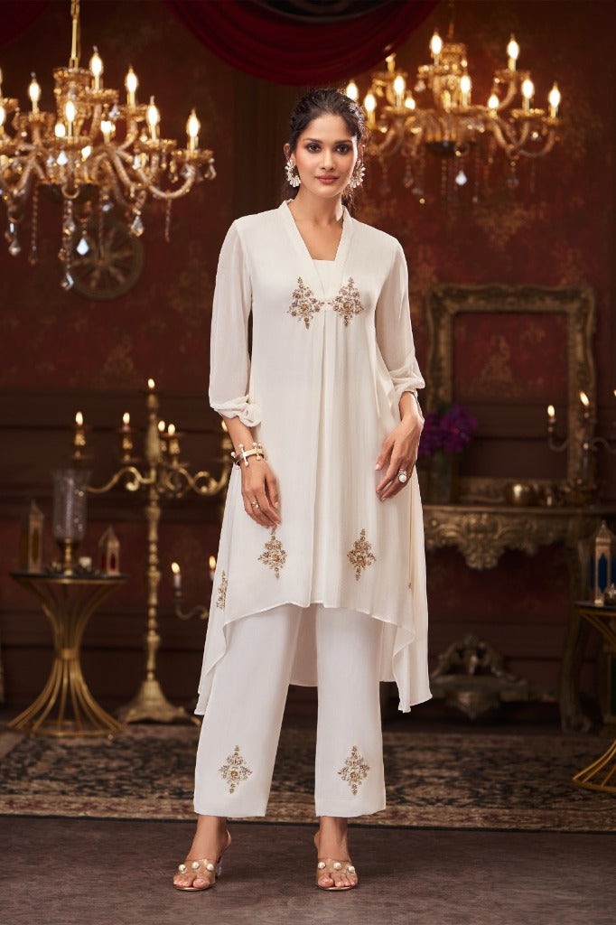 Ivory Asymmetrical Kurta Set With Embellished Palazzo