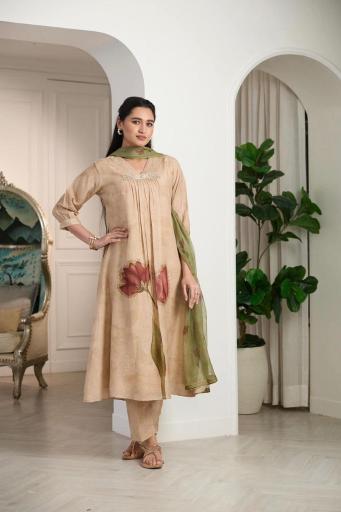 Beige Satin Silk Floral Salwar Set