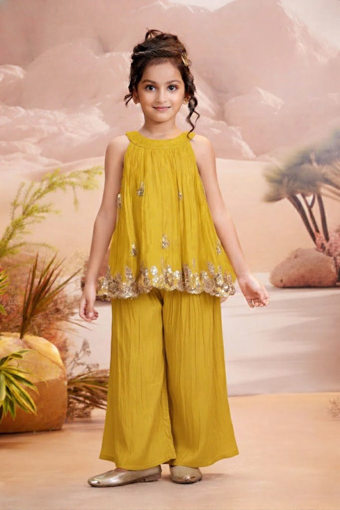 Yellow With Gold Sequin Embroidered Halter Top & Palazzo Set for Girls