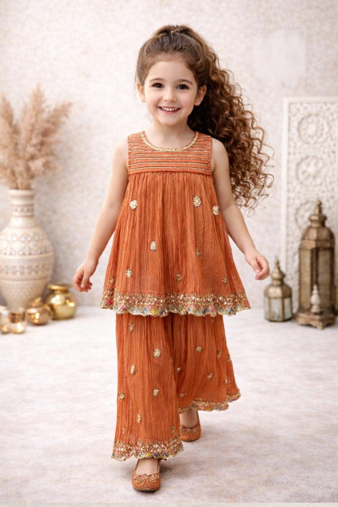 Peach Multicolour Embroidered Kurti & Palazzo Set for Girls