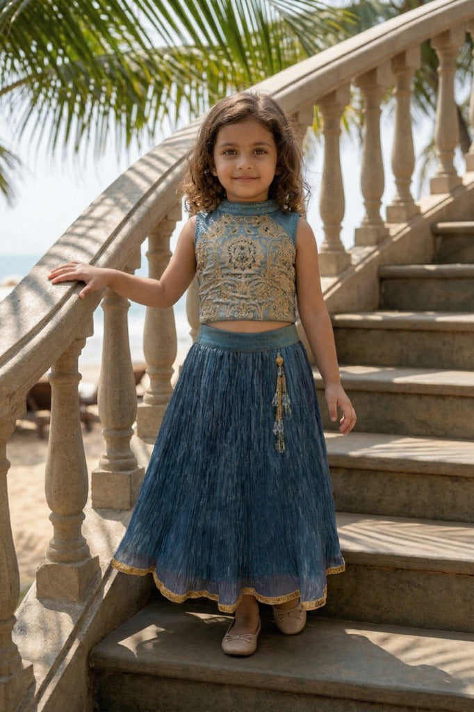Steel Blue Crushed Fabric Zari Embroidered Crop Top & Lehenga Set for Girls