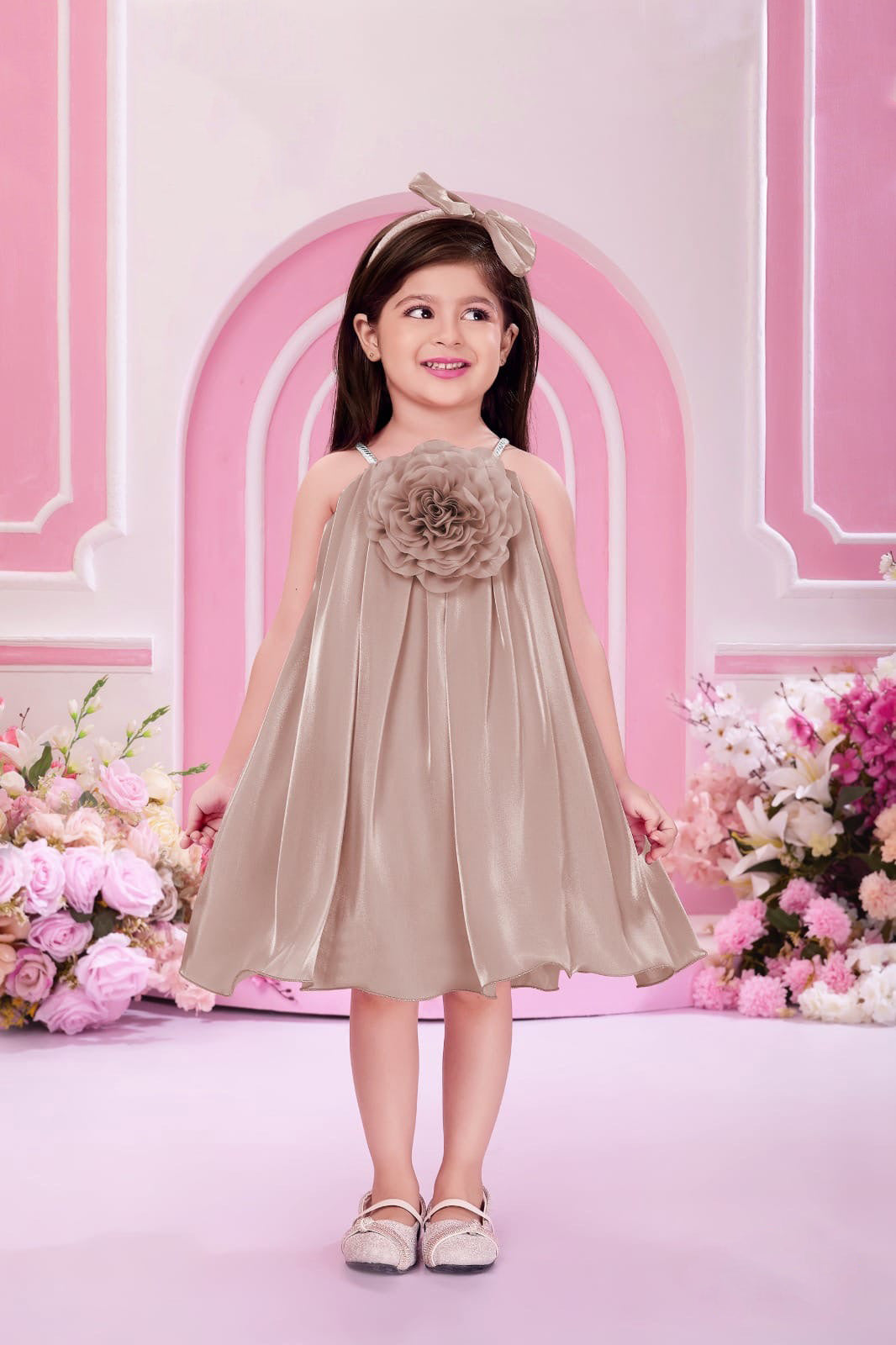 Mocha Shimmer Floral Appliqué Frock for Girls