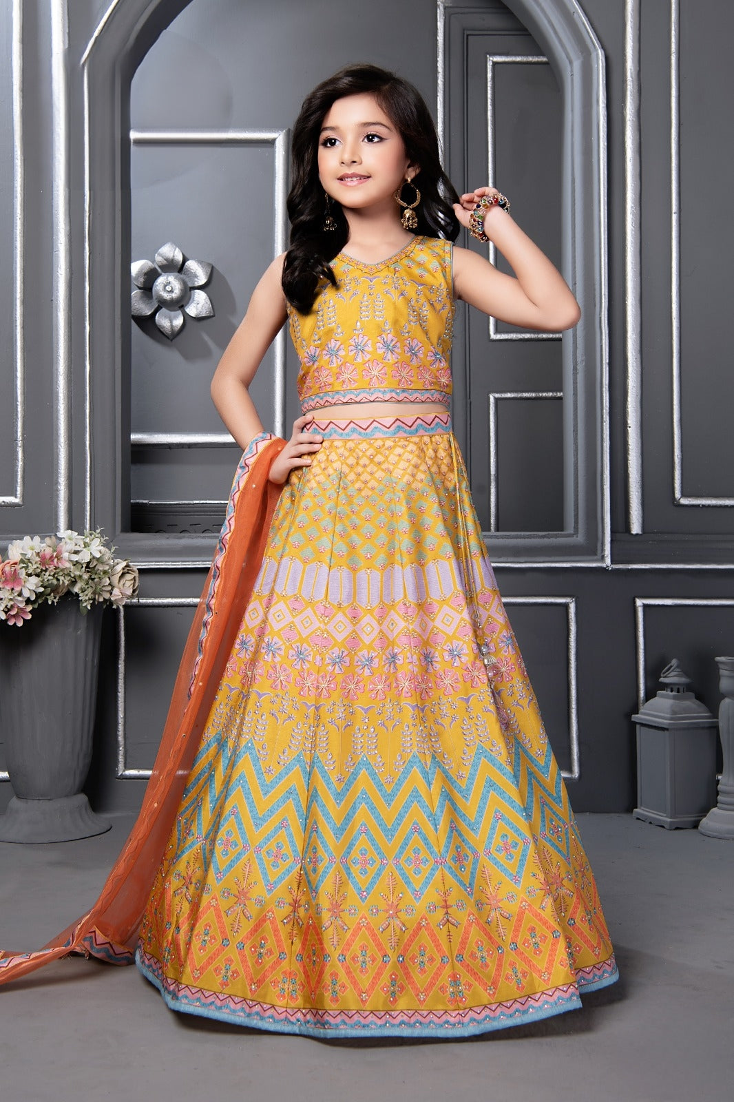 Yellow Multicolor Embroidered Lehenga Choli  Mokshaa