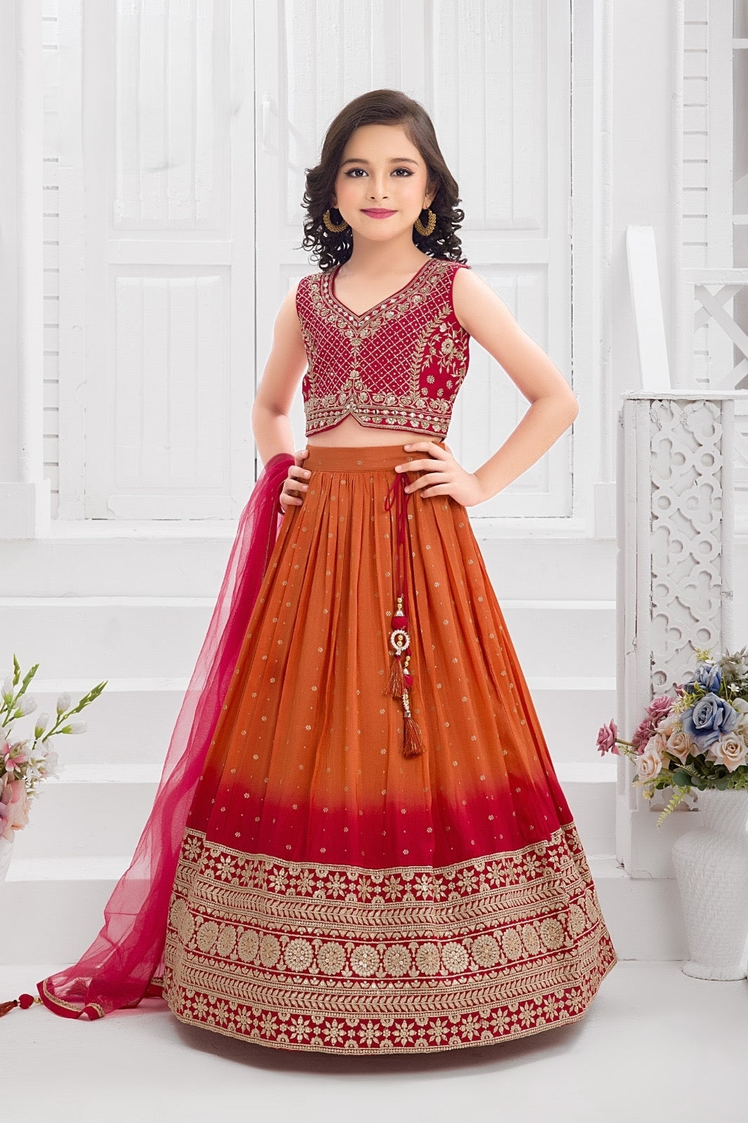 Rust and Red Embroidered Lehenga Choli  Mokshaa