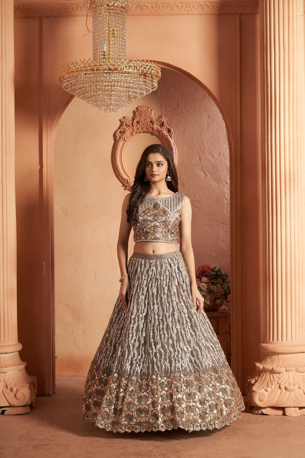 Metallic Grey Net Lehenga Set with Gold Contrast and Sequins - Mokshaa