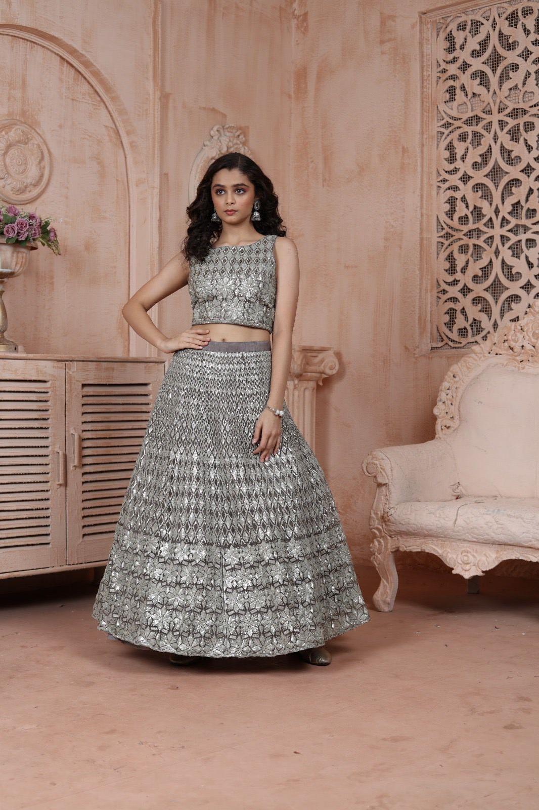 Silver Embroidered Lehenga Choli Set - Mokshaa