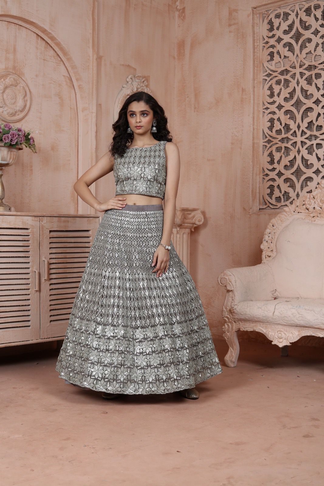 Silver Embroidered Lehenga Choli Set