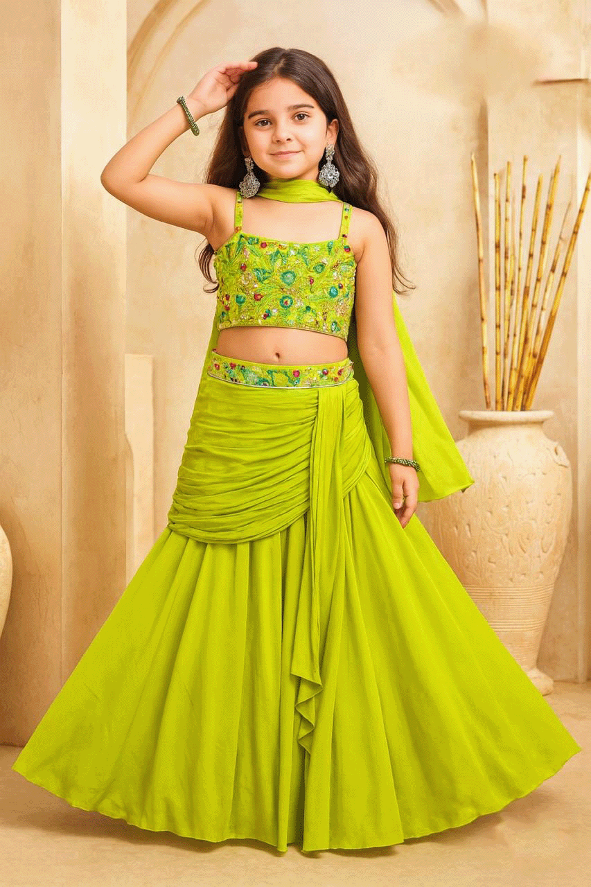 Lime Green Embroidered Lehenga Set for Kids
