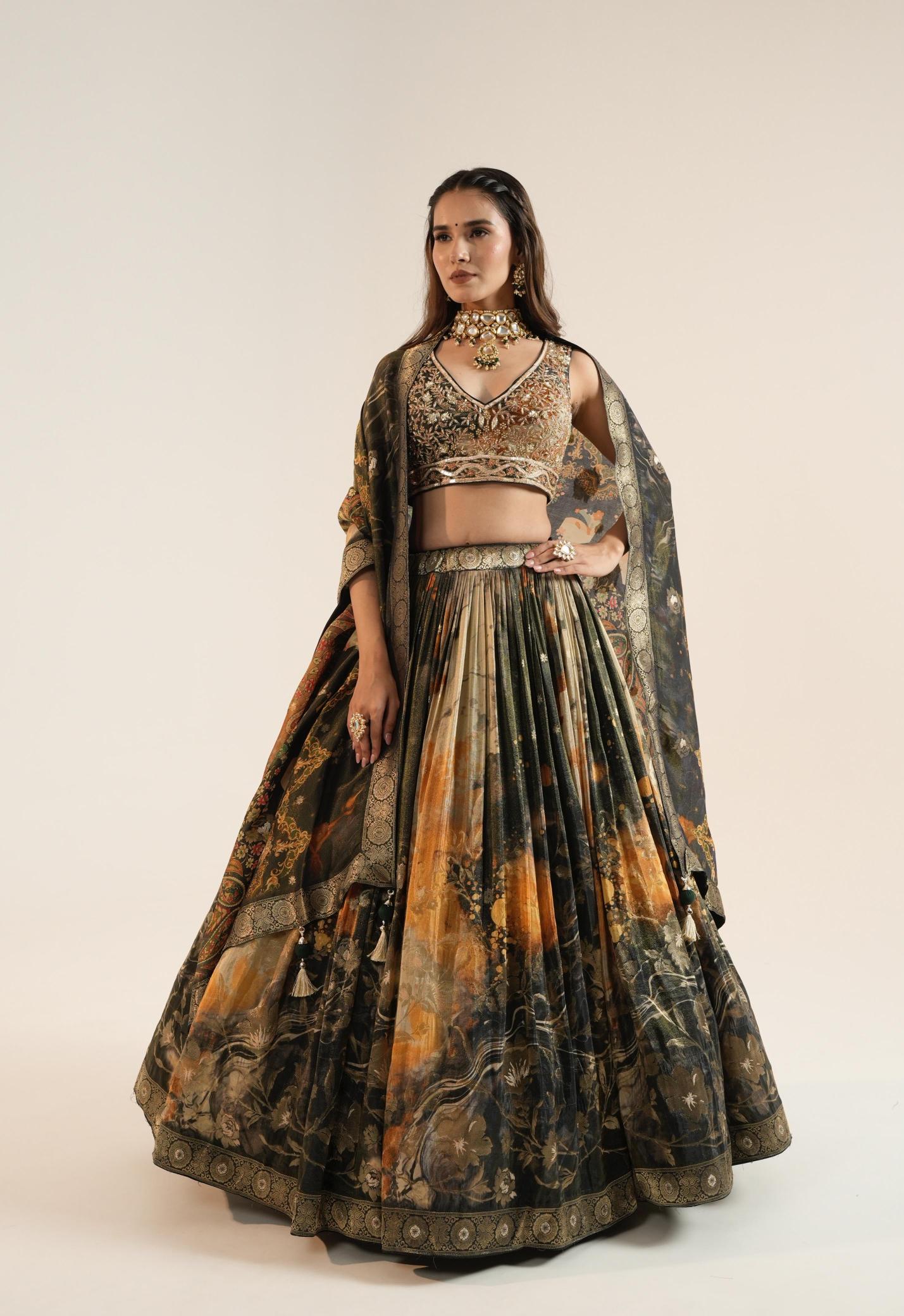Olive Green Printed Lehenga Set