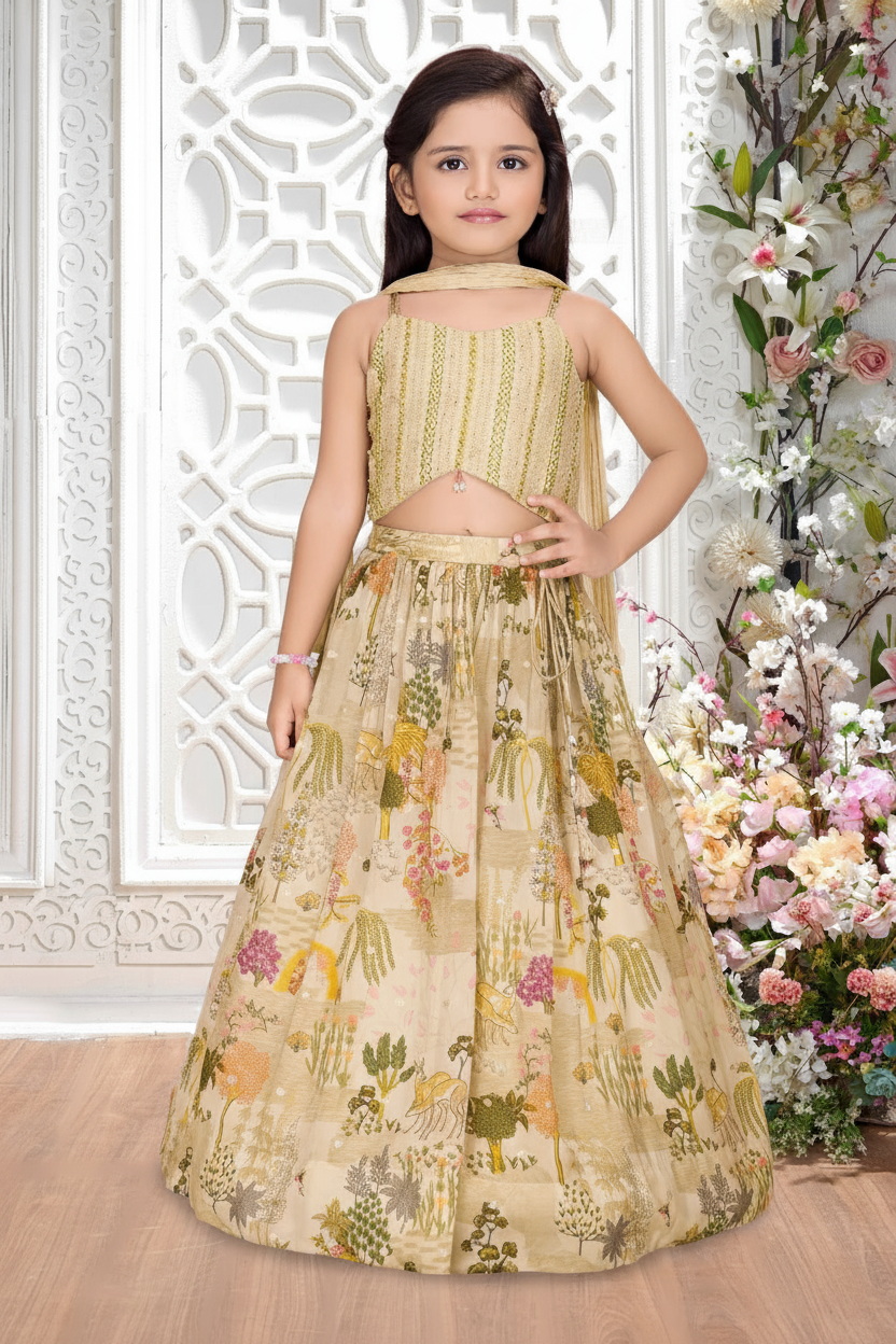 Girls Fawn Printed Crop Top and Lehenga Set
