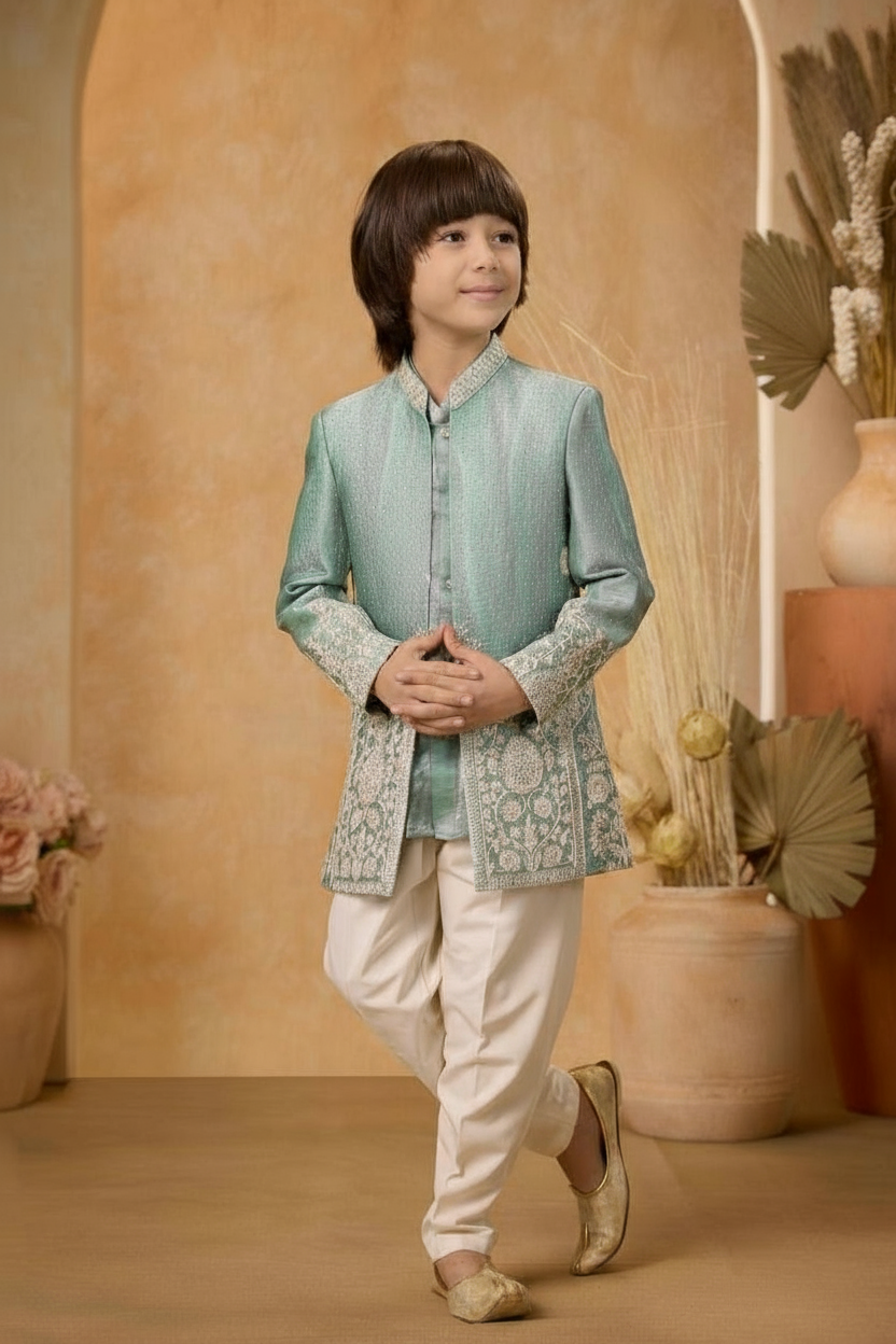Aqua Blue Embroidered Open Jacket Set